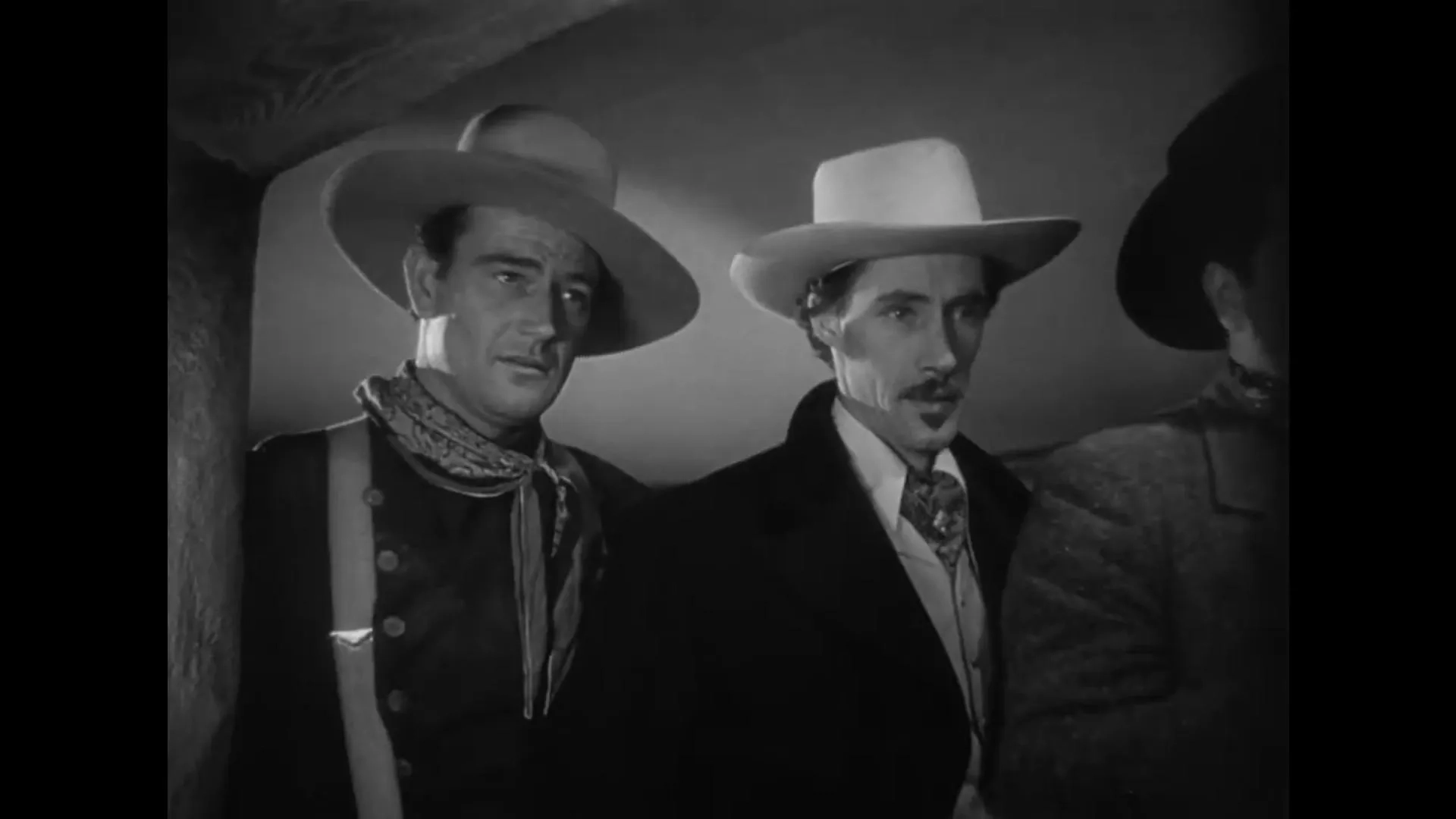 John Wayne, John Carradine, and George Bancroft in Stagecoach (1939)