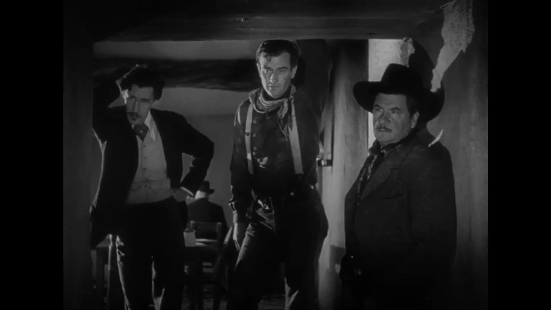 John Wayne, John Carradine, and George Bancroft in Stagecoach (1939)