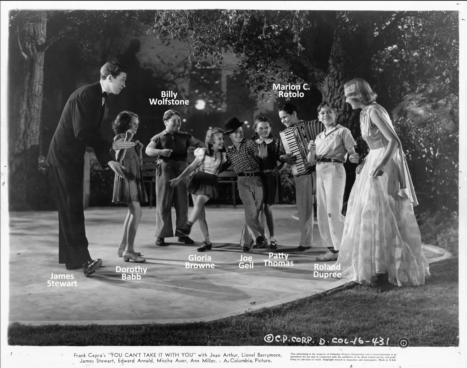 James Stewart, Dorothy Babb, Gloria Browne, Roland Dupree, Joe Geil, Marion C. Rotolo, Patty Thomas, and Billy Wolfstone in You Can't Take It with You (1938)