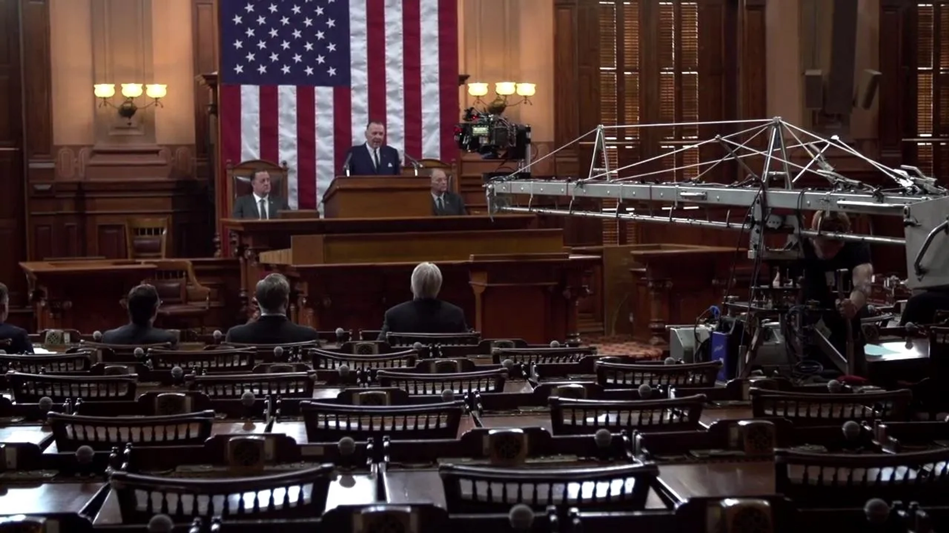 Still of Wayne Hughes and Tom Wilkinson on set of the movie, Selma.