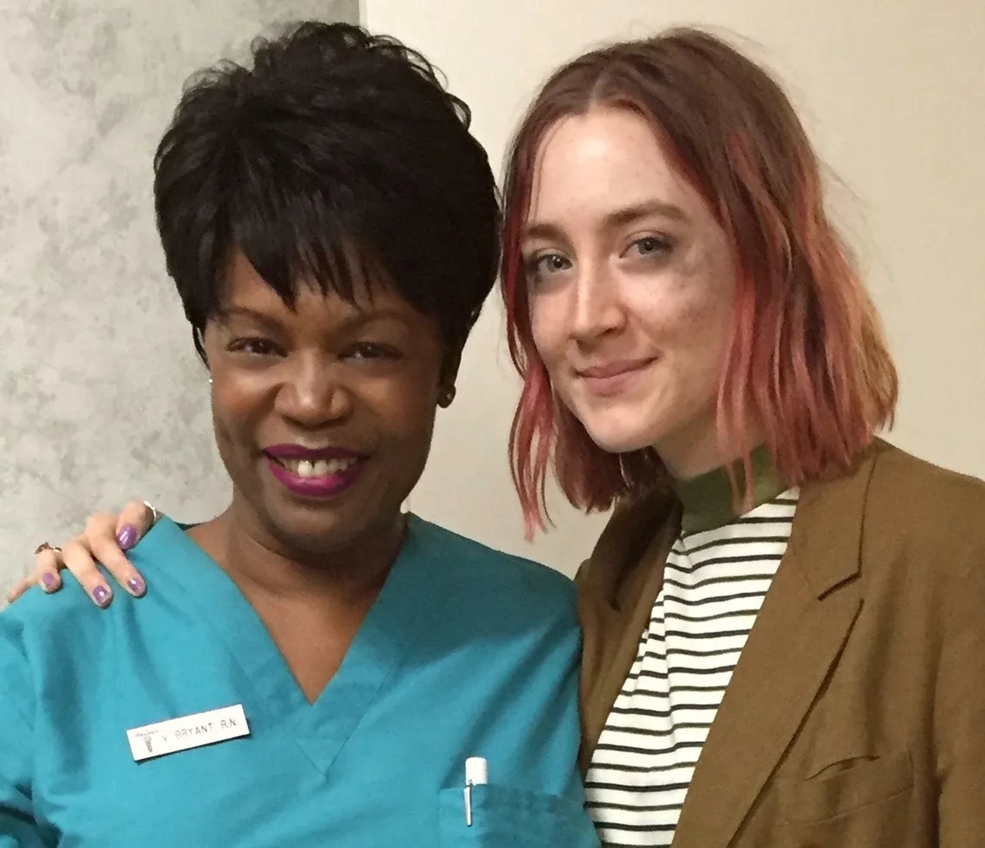 Monique Edwards and Saoirse Ronan on the set of Lady Bird.