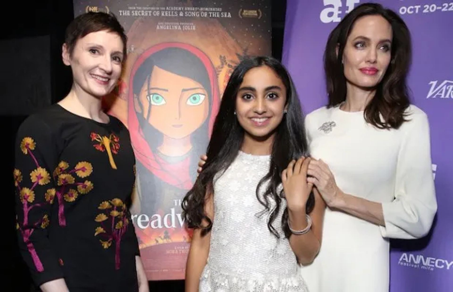 Angelina Jolie, Nora Twomey, and Saara Chaudry at an event for The Breadwinner (2017)