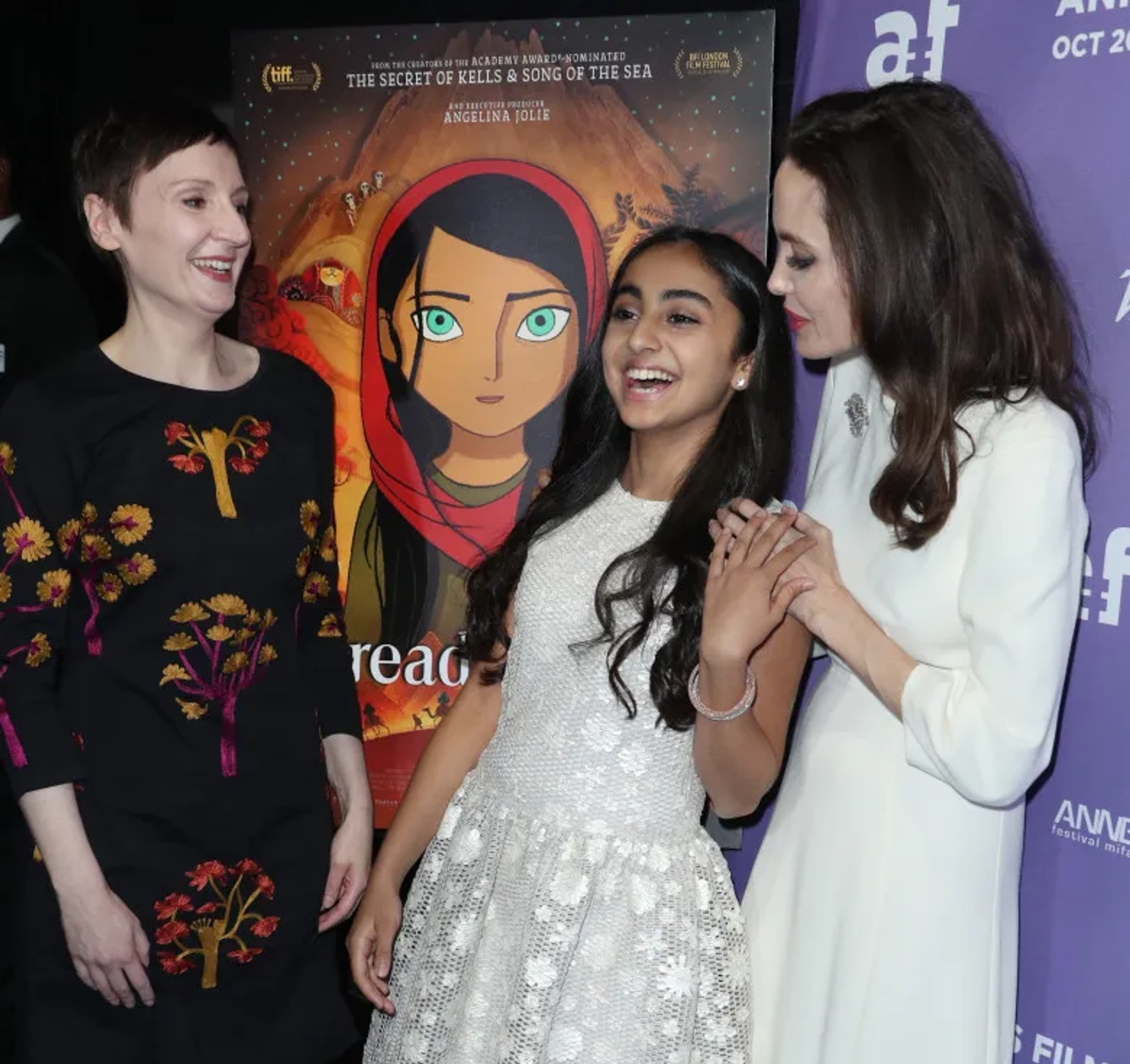 Angelina Jolie, Nora Twomey, and Saara Chaudry at an event for The Breadwinner (2017)