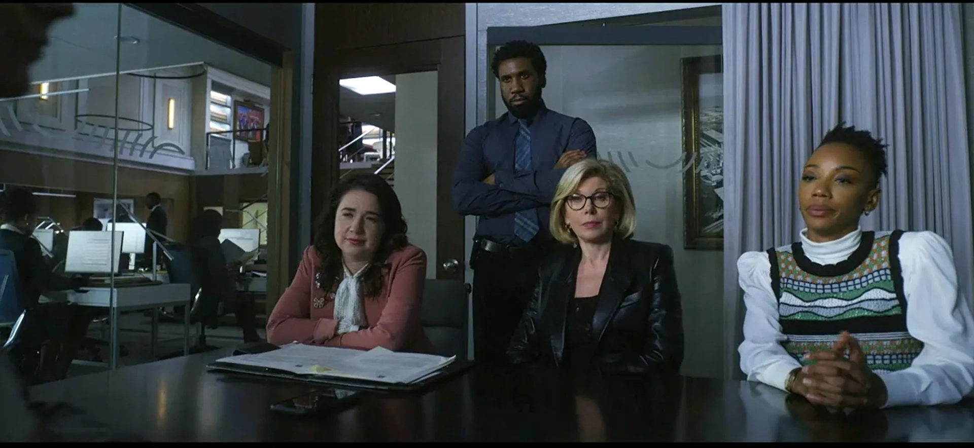 Christine Baranski, Sarah Steele, Nyambi Nyambi, and Charmaine Bingwa in The Good Fight: The End of Everything (2022)