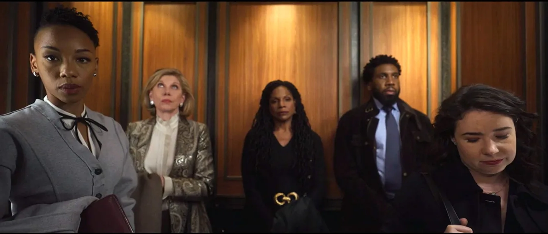 Christine Baranski, Audra McDonald, Sarah Steele, Nyambi Nyambi, and Charmaine Bingwa in The Good Fight: The Beginning of the End (2022)