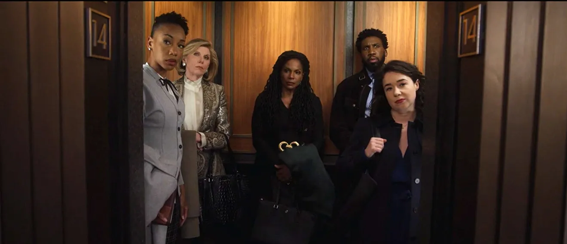 Christine Baranski, Audra McDonald, Sarah Steele, Nyambi Nyambi, and Charmaine Bingwa in The Good Fight: The Beginning of the End (2022)