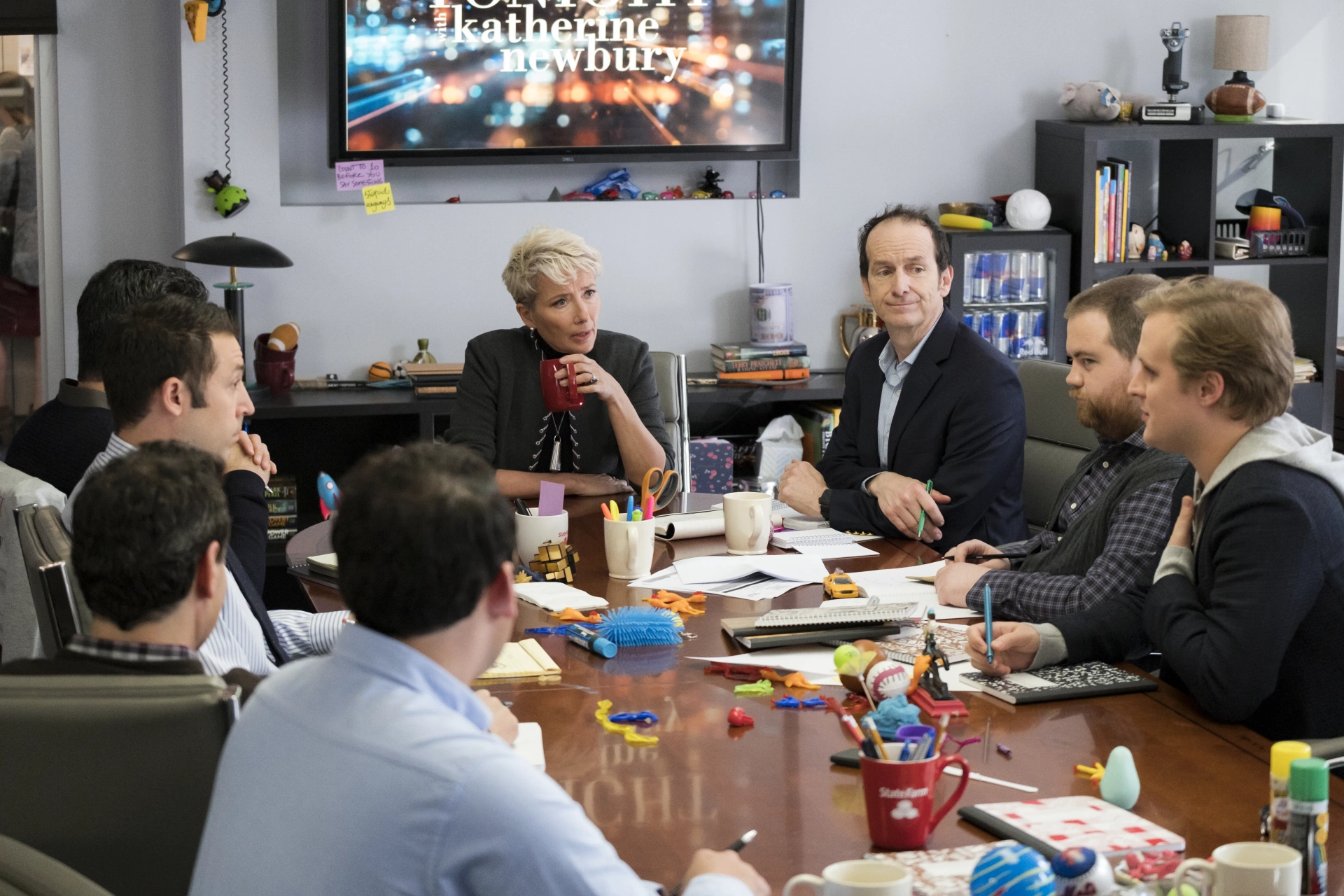 Emma Thompson, Denis O'Hare, Paul Walter Hauser, and John Early in Late Night (2019)