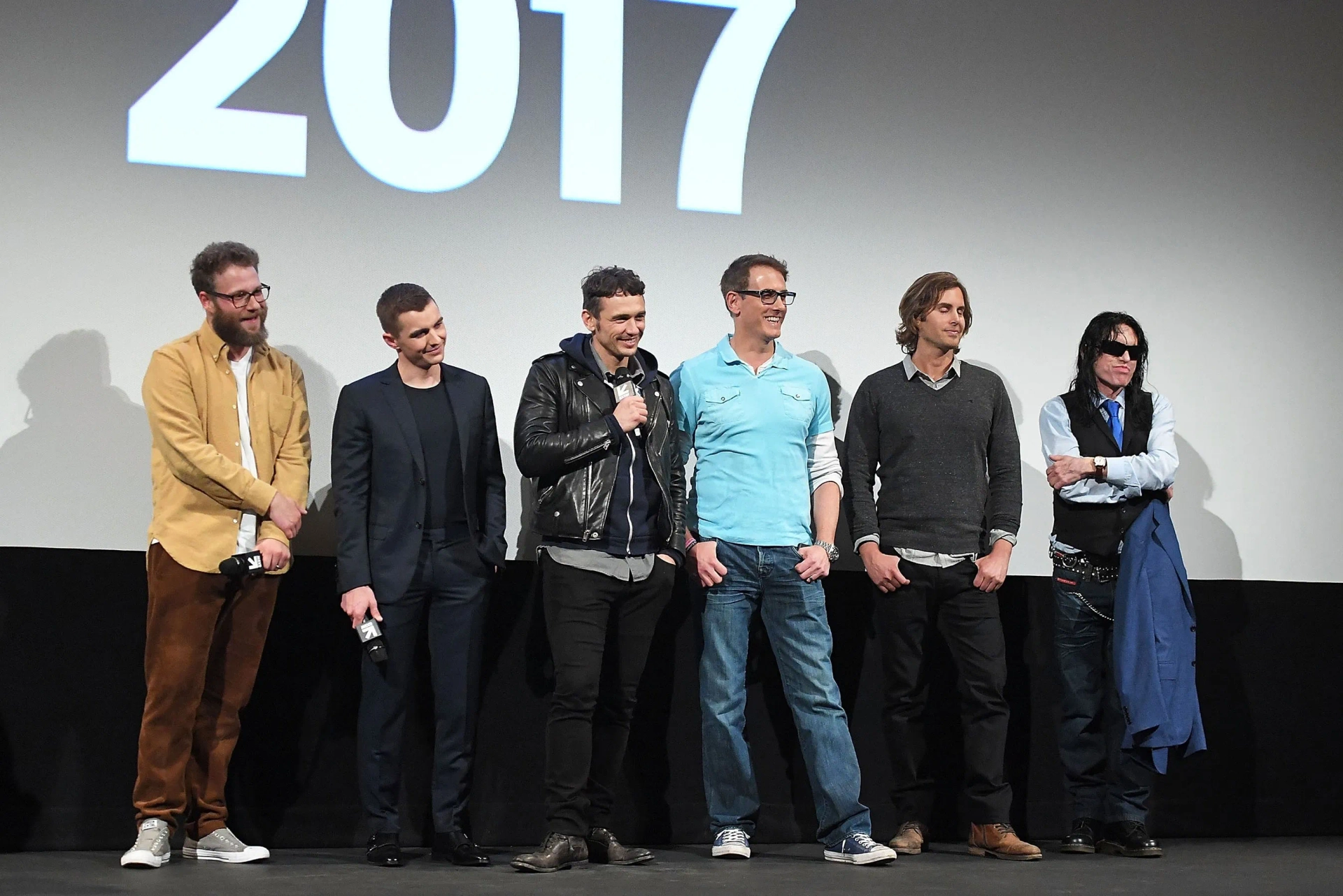 James Franco, Seth Rogen, Greg Sestero, Tommy Wiseau, Dan Janjigian, and Dave Franco at an event for The Disaster Artist (2017)