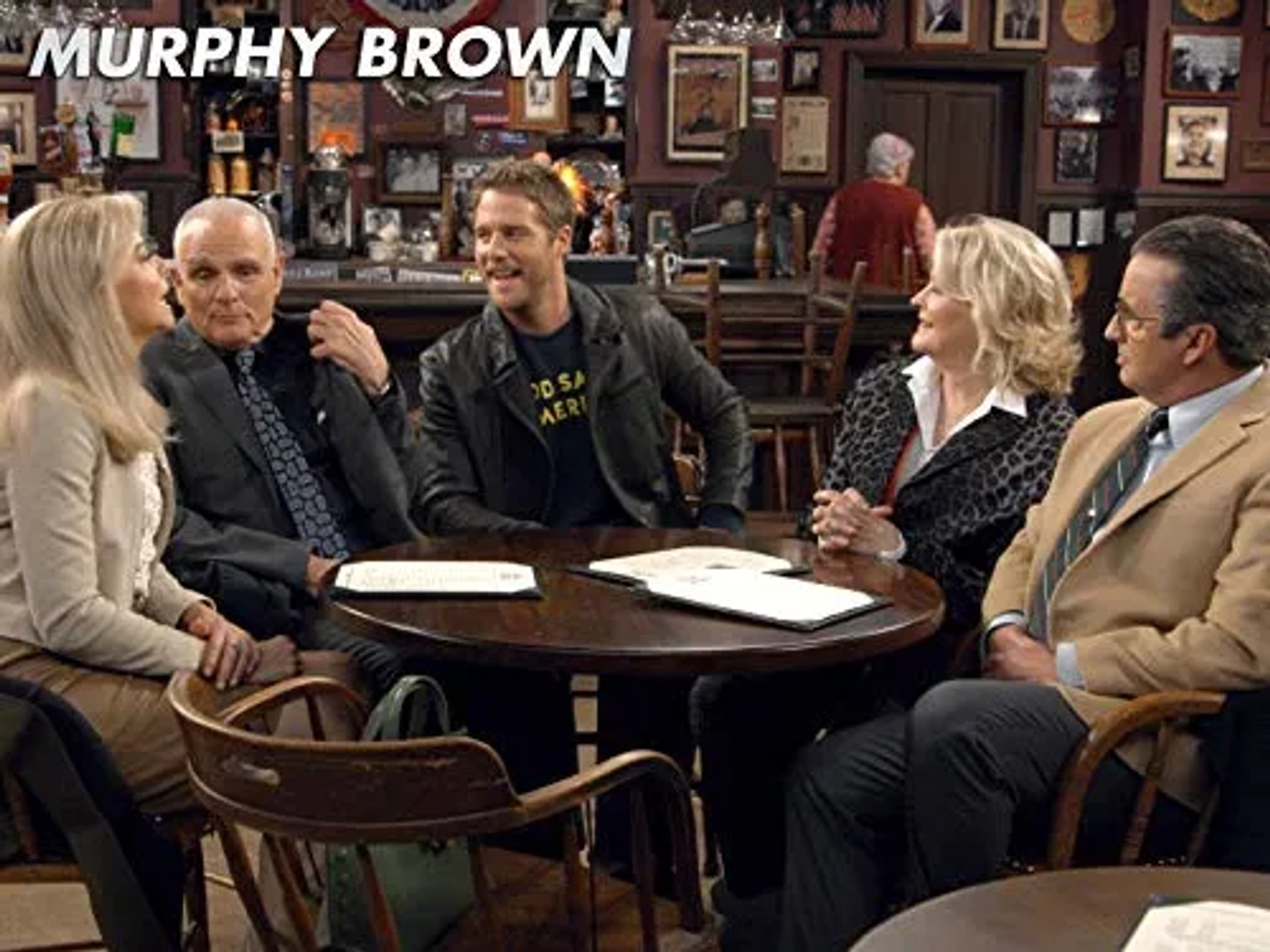 Candice Bergen, Faith Ford, Joe Regalbuto, Grant Shaud, and Jake McDorman in Murphy Brown (1988)