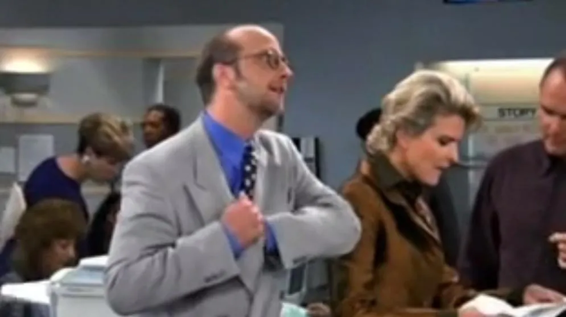 Candice Bergen, Joe Regalbuto, and Chris Elliott in Murphy Brown (1988)