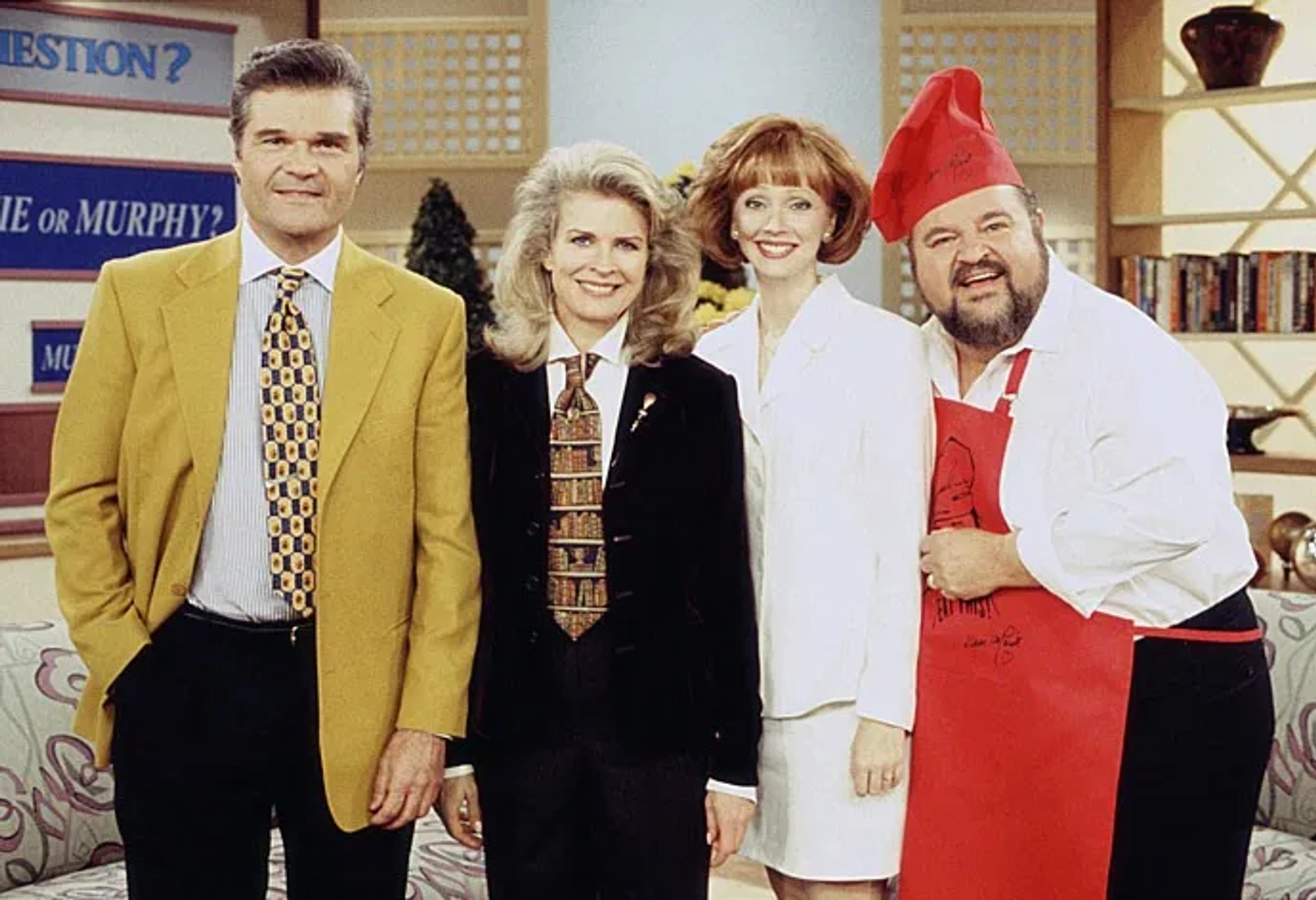 Candice Bergen, Dom DeLuise, Shelley Long, and Fred Willard in Murphy Brown (1988)