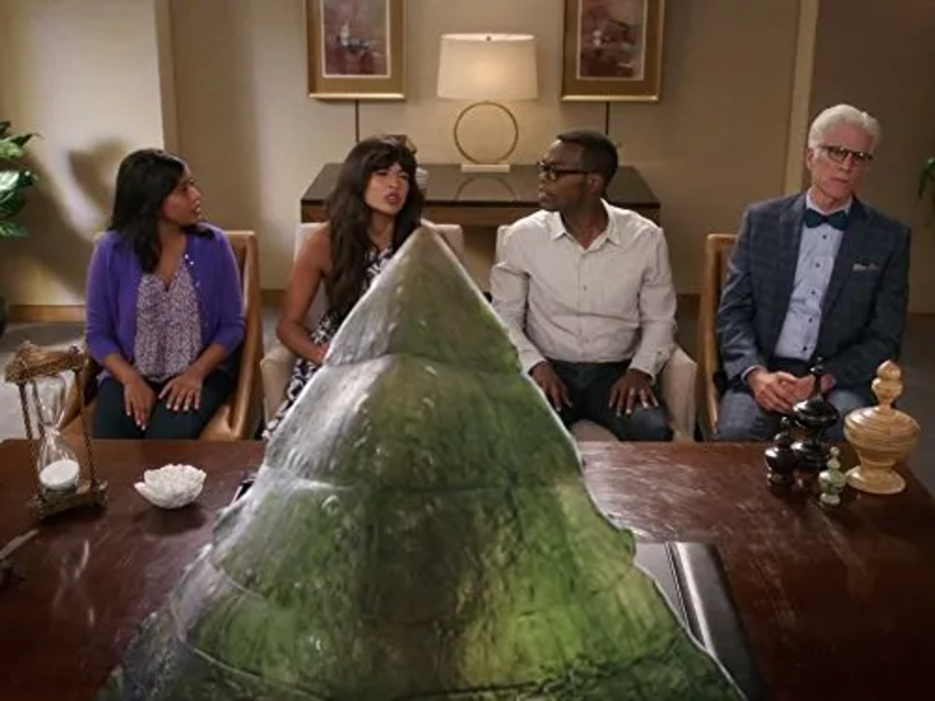 Ted Danson, Tiya Sircar, William Jackson Harper, and Jameela Jamil in The Good Place (2016)