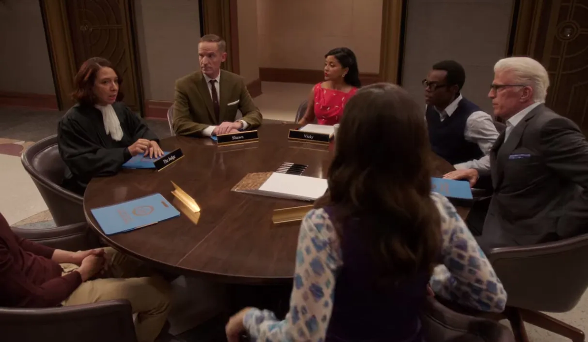 Ted Danson, Maya Rudolph, Marc Evan Jackson, Tiya Sircar, William Jackson Harper, and D'Arcy Carden in The Good Place: Whenever You're Ready (2020)