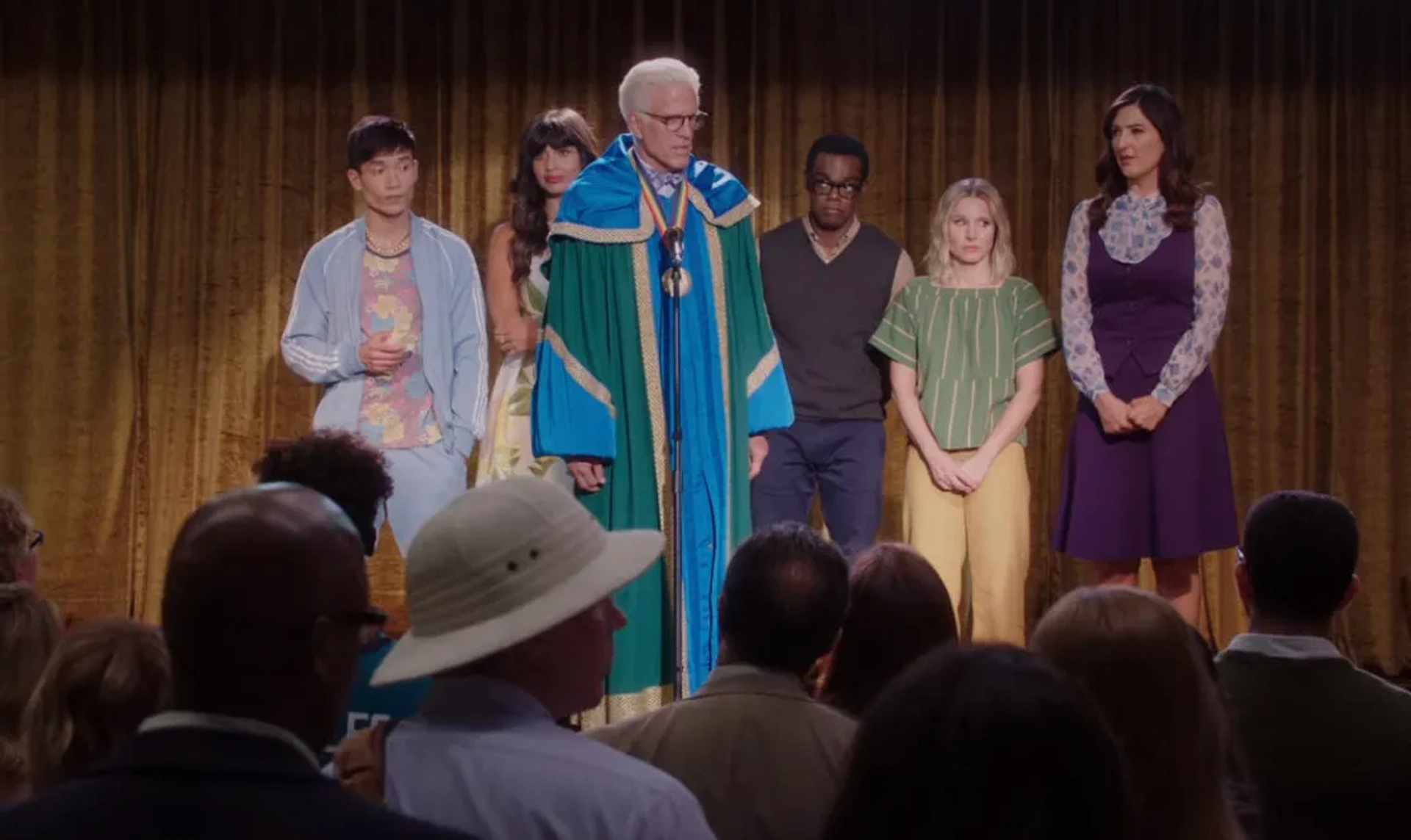 Ted Danson, Kristen Bell, William Jackson Harper, Manny Jacinto, Jameela Jamil, and D'Arcy Carden in The Good Place: Patty (2020)