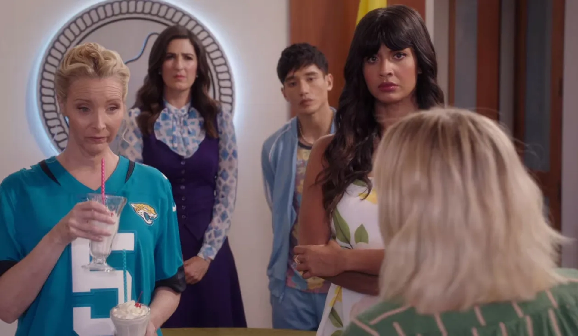 Lisa Kudrow, Manny Jacinto, Jameela Jamil, and D'Arcy Carden in The Good Place: Patty (2020)