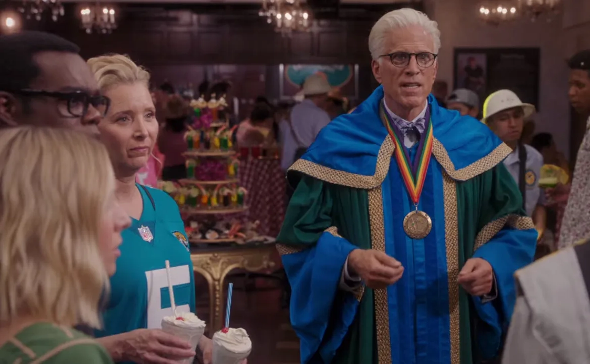 Ted Danson, Lisa Kudrow, and William Jackson Harper in The Good Place: Patty (2020)