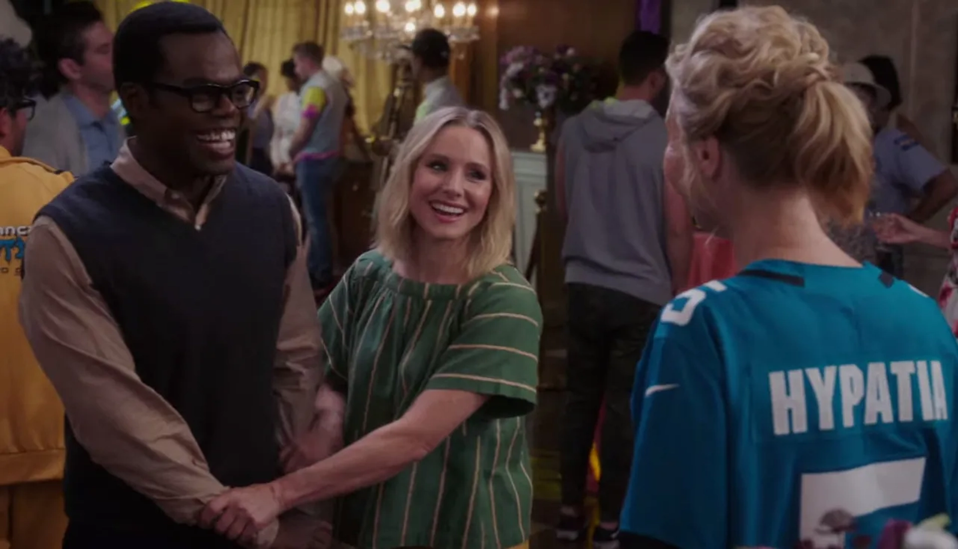 Lisa Kudrow, Kristen Bell, and William Jackson Harper in The Good Place: Patty (2020)