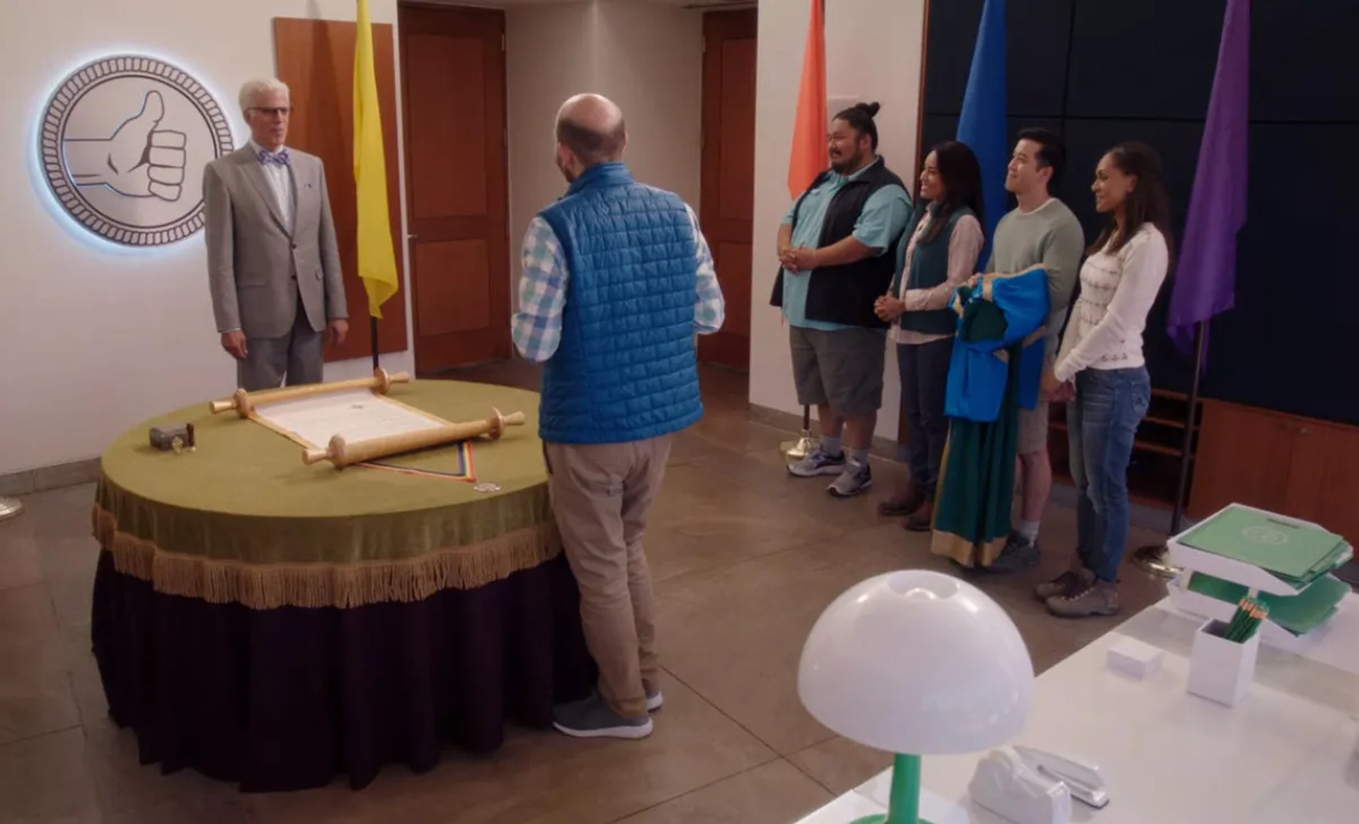 Ted Danson, Paul Scheer, Andrew Law, Takato Yonemoto, Denise G. Sanchez, and Tatiana Carr in The Good Place: Patty (2020)