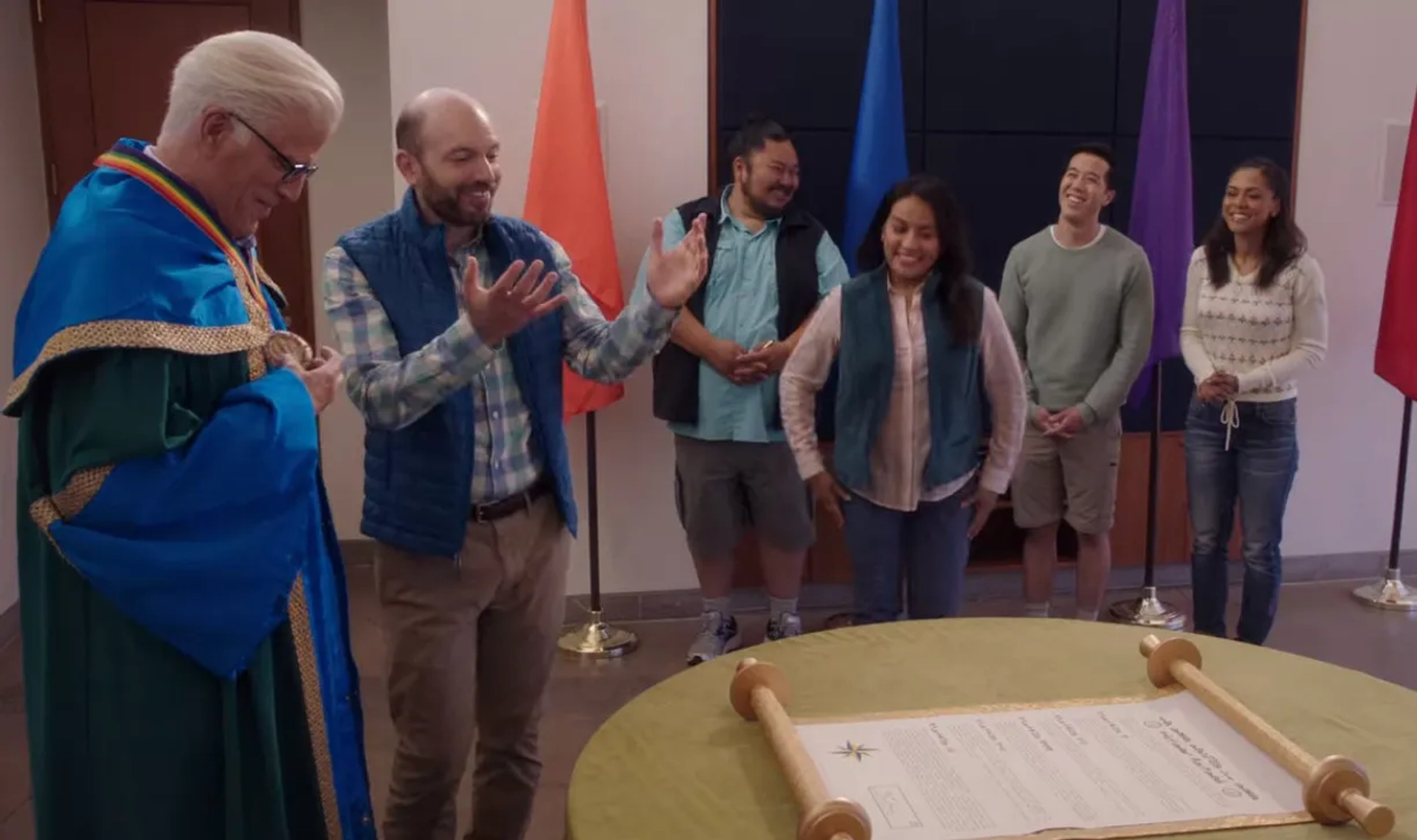 Ted Danson, Paul Scheer, Andrew Law, Takato Yonemoto, Denise G. Sanchez, and Tatiana Carr in The Good Place: Patty (2020)