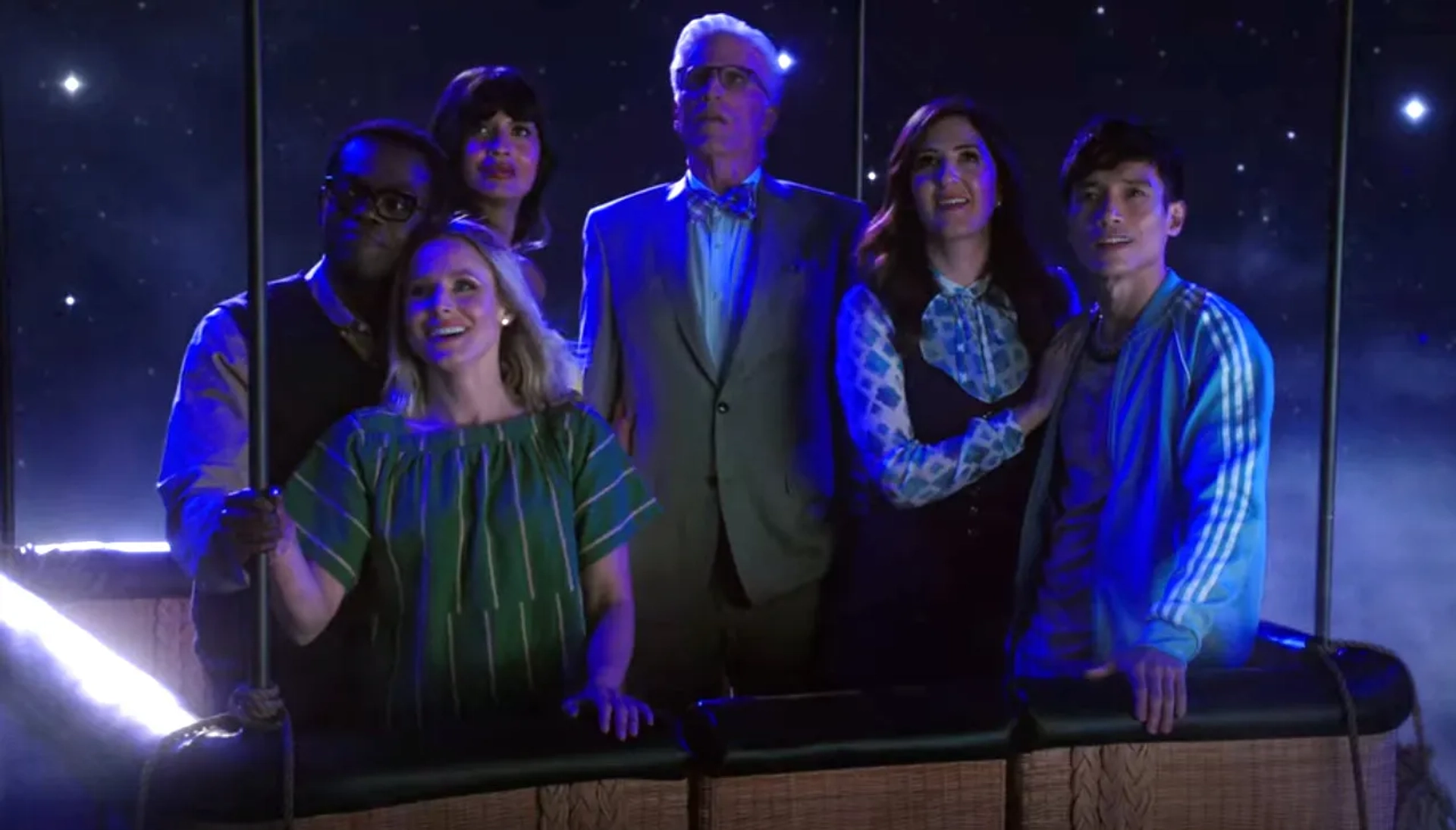 Ted Danson, Kristen Bell, William Jackson Harper, Manny Jacinto, Jameela Jamil, and D'Arcy Carden in The Good Place: Patty (2020)