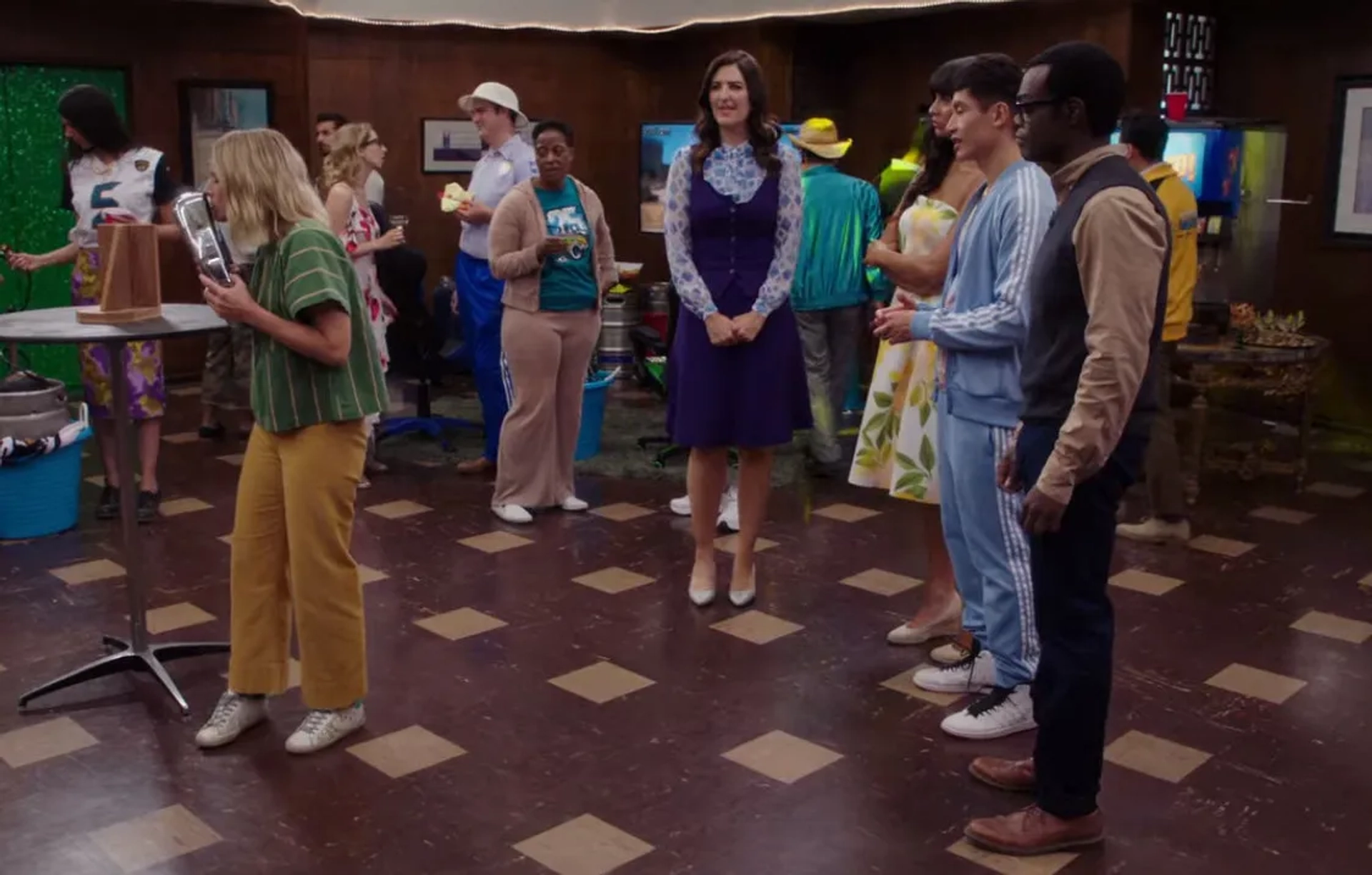 Kristen Bell, William Jackson Harper, Manny Jacinto, Jameela Jamil, and D'Arcy Carden in The Good Place: Patty (2020)