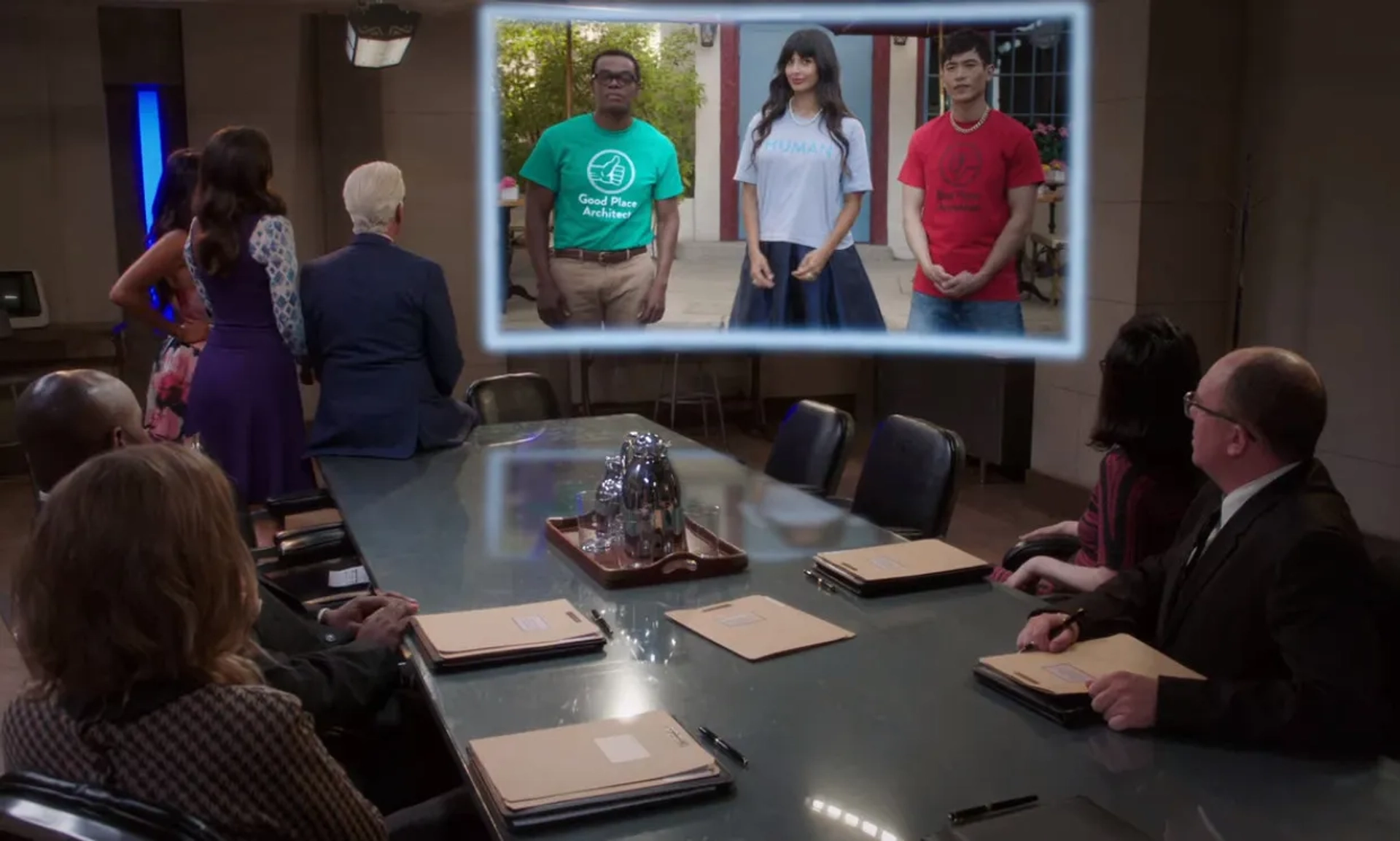 Ted Danson, William Jackson Harper, Manny Jacinto, Jameela Jamil, and D'Arcy Carden in The Good Place: Mondays, Am I Right? (2020)