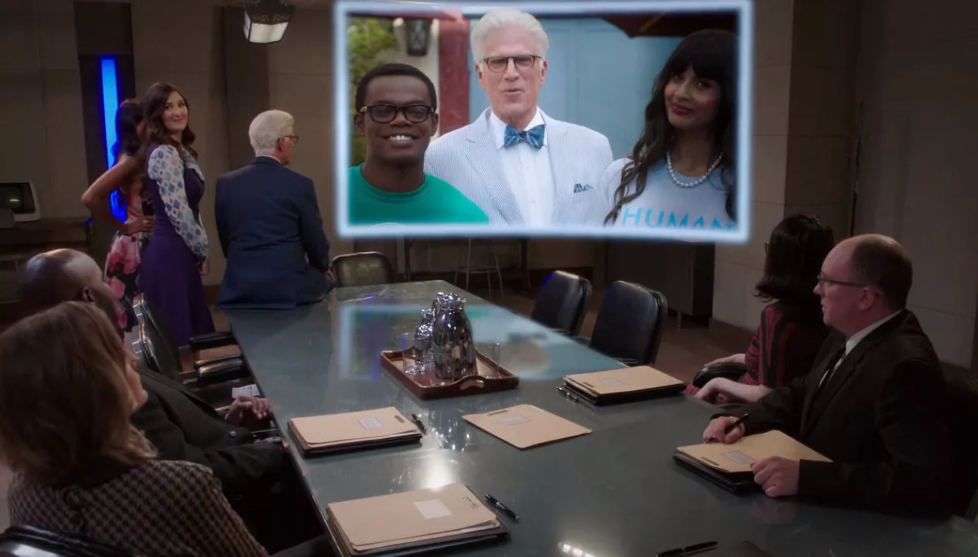 Ted Danson, William Jackson Harper, Jameela Jamil, and D'Arcy Carden in The Good Place: Mondays, Am I Right? (2020)