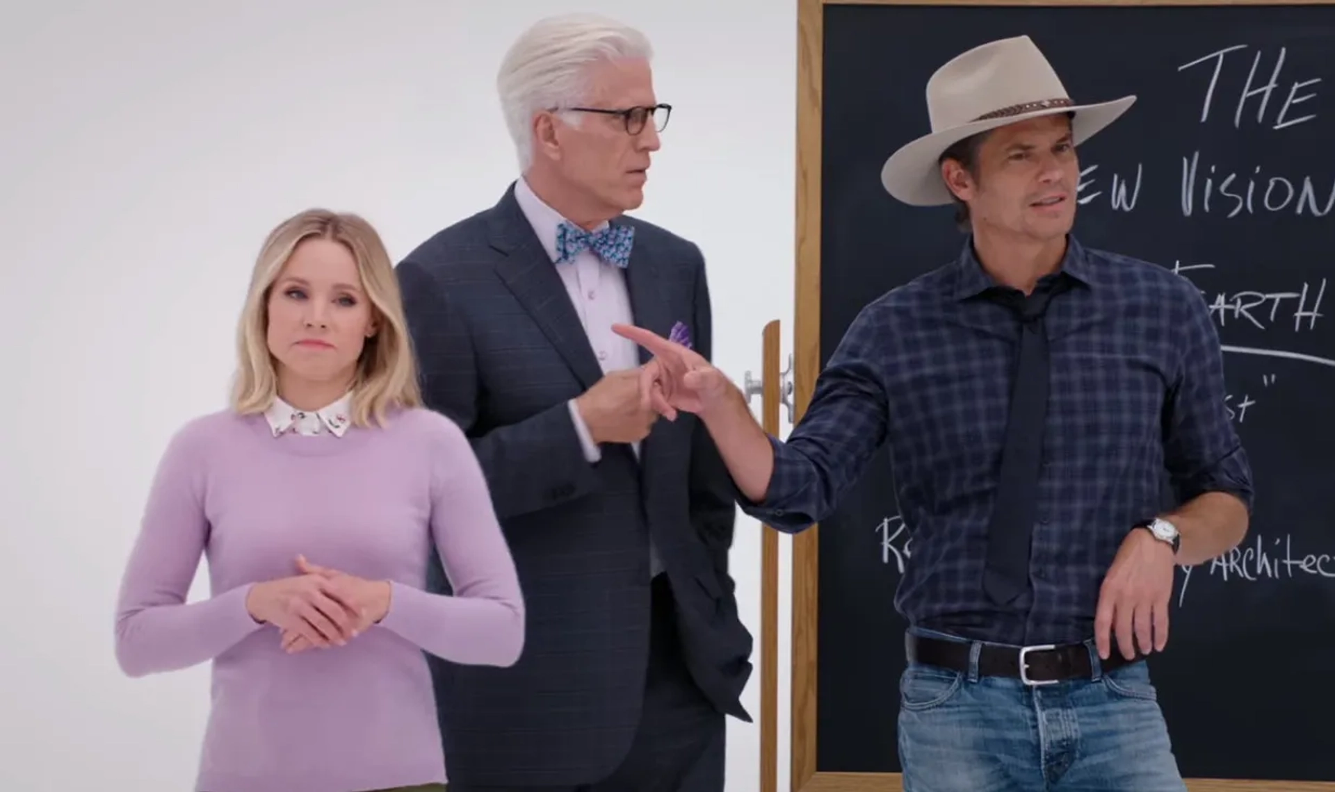 Ted Danson, Kristen Bell, and Timothy Olyphant in The Good Place: You've Changed, Man (2020)