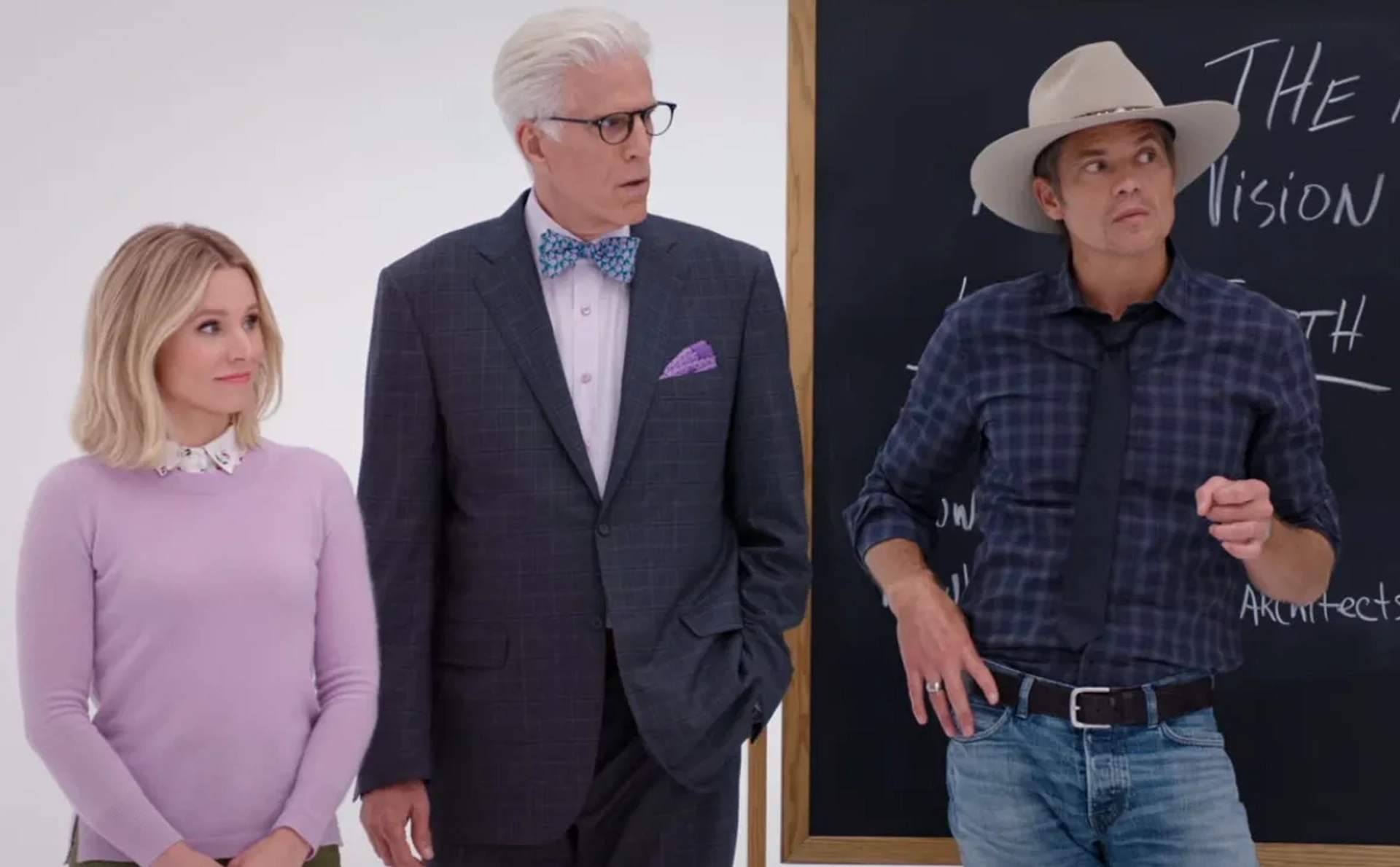 Ted Danson, Kristen Bell, and Timothy Olyphant in The Good Place: You've Changed, Man (2020)