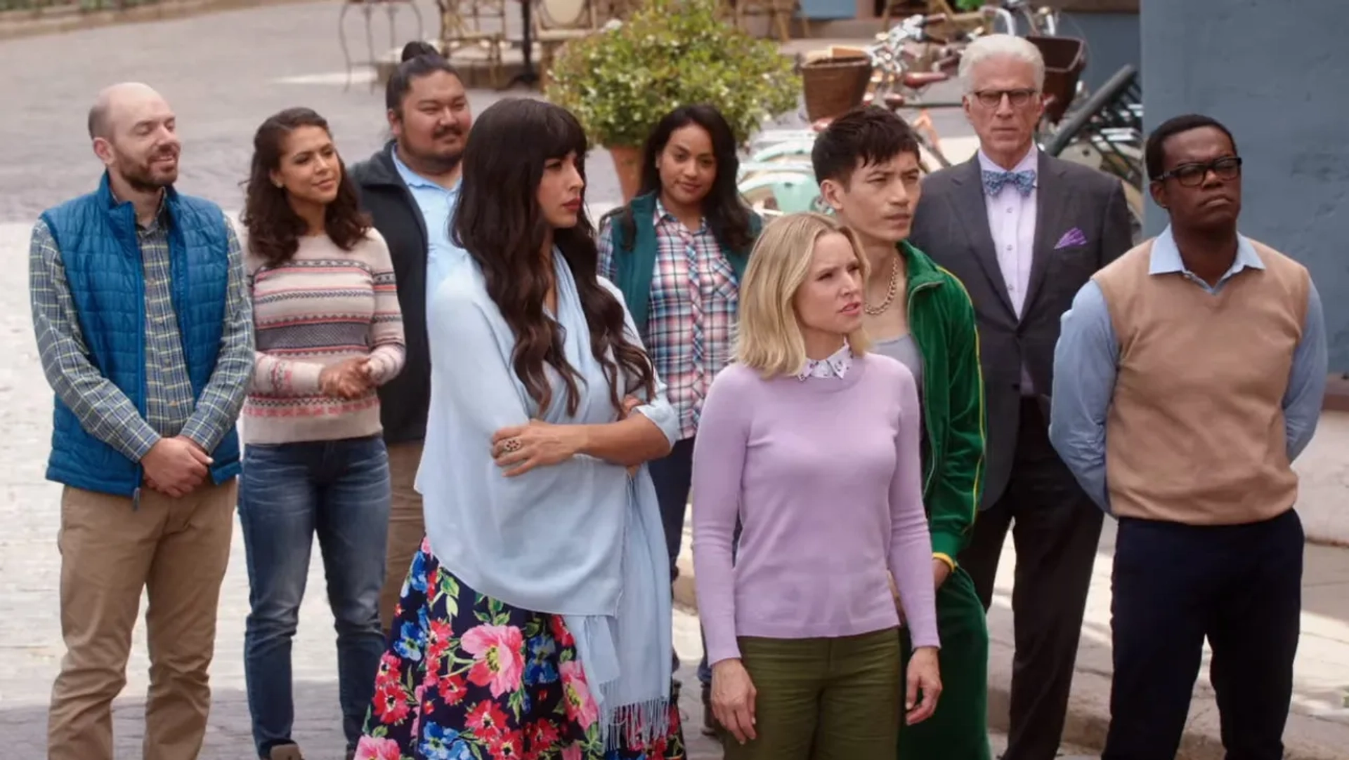 Ted Danson, Kristen Bell, Paul Scheer, William Jackson Harper, Manny Jacinto, Jameela Jamil, Takato Yonemoto, Denise G. Sanchez, and Tatiana Carr in The Good Place: You've Changed, Man (2020)