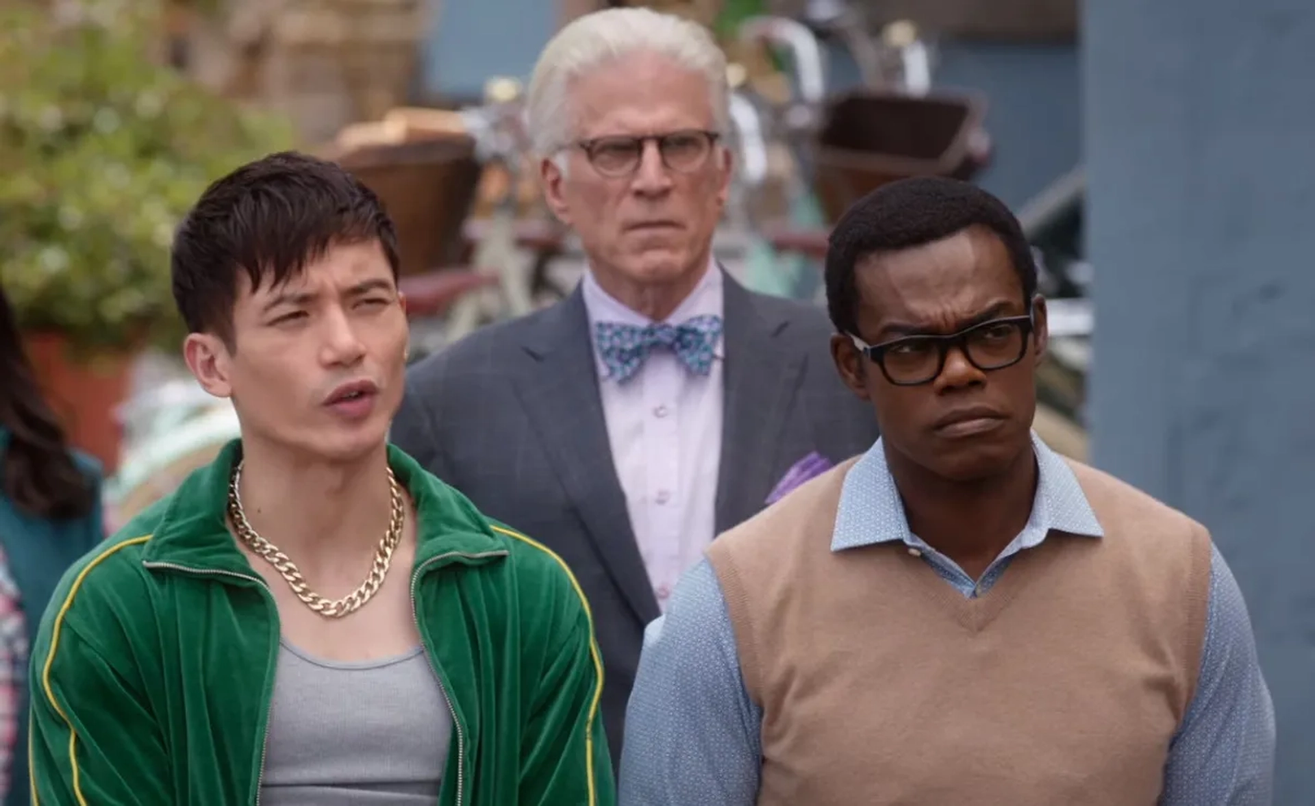 Ted Danson, William Jackson Harper, and Manny Jacinto in The Good Place: You've Changed, Man (2020)