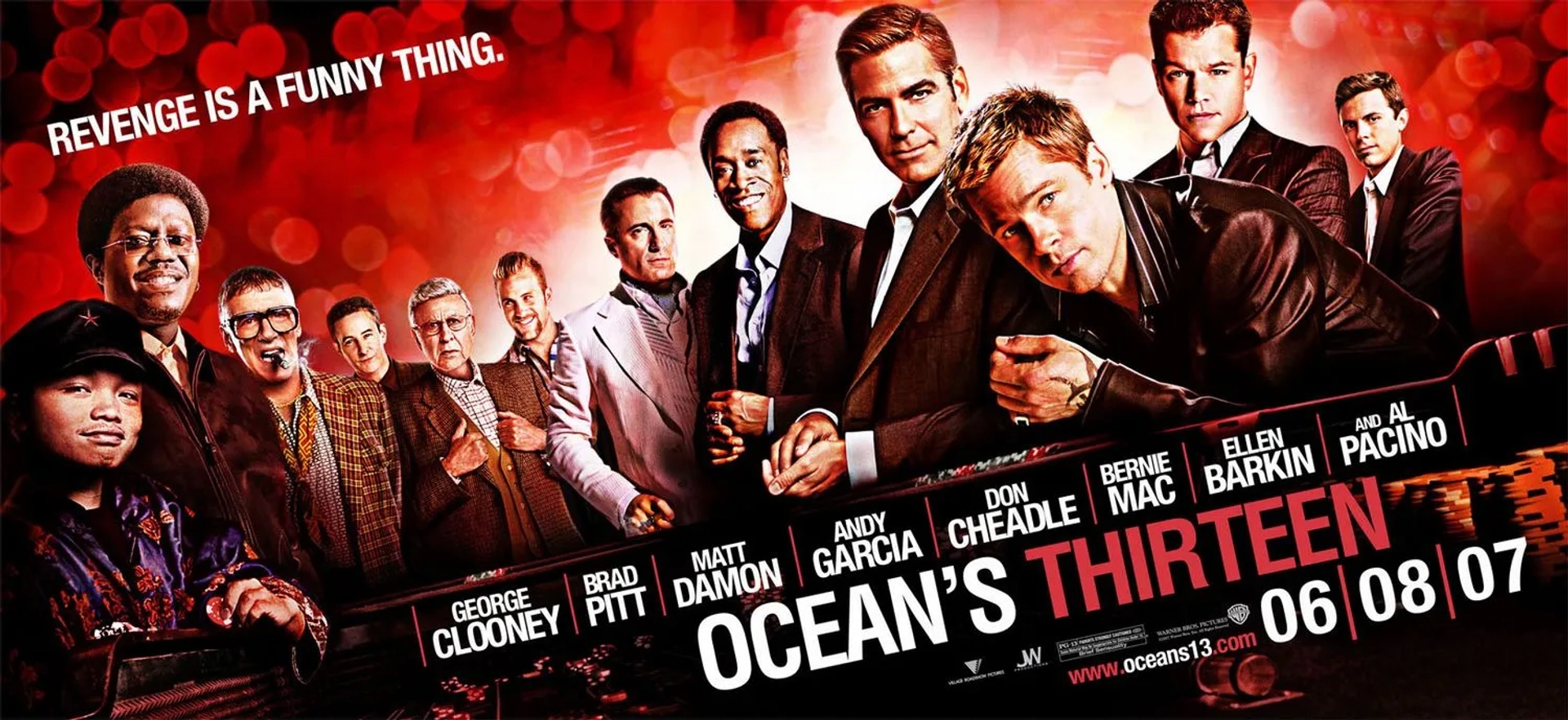 Brad Pitt, George Clooney, Don Cheadle, Matt Damon, Andy Garcia, Casey Affleck, Elliott Gould, Scott Caan, Bernie Mac, Carl Reiner, Eddie Jemison, and Shaobo Qin in Ocean's Thirteen (2007)