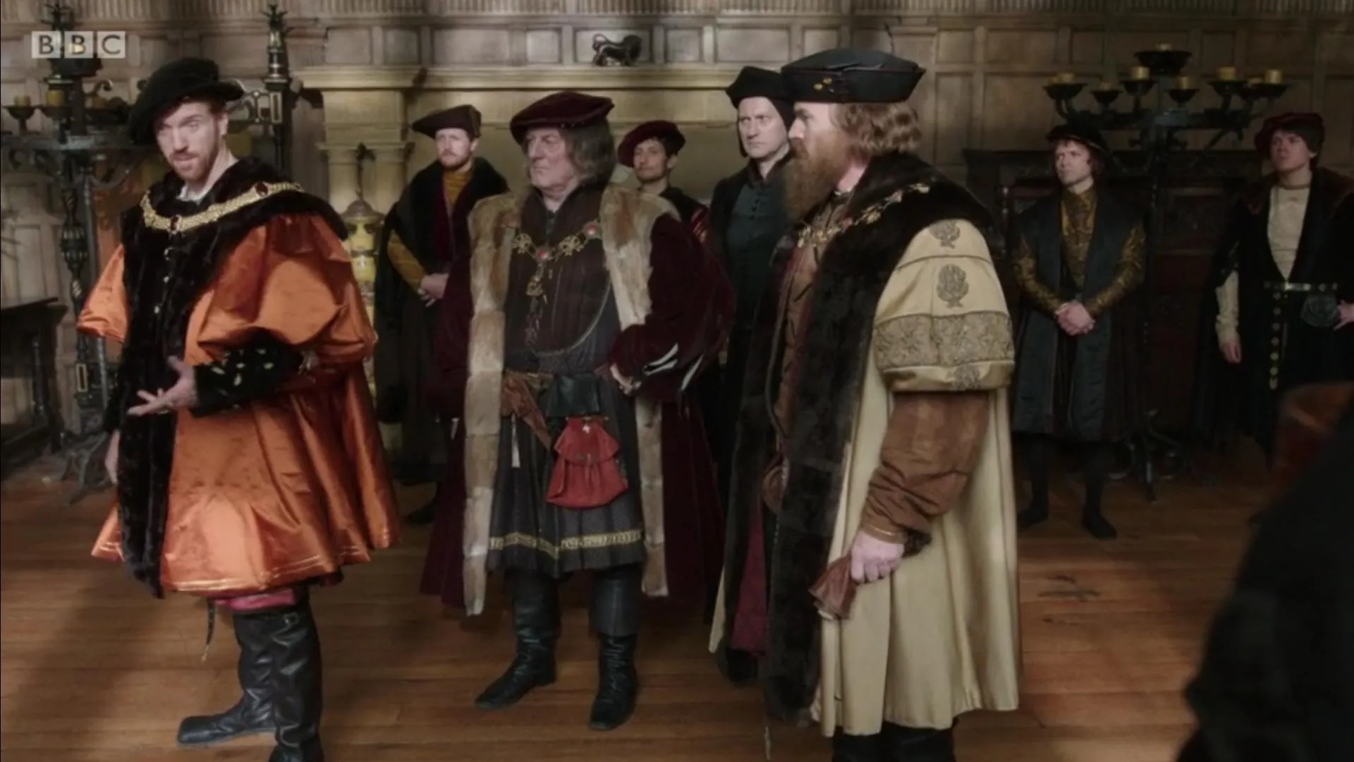 Richard Dillane, Mark Gatiss, Bernard Hill, and Damian Lewis in Wolf Hall (2015)