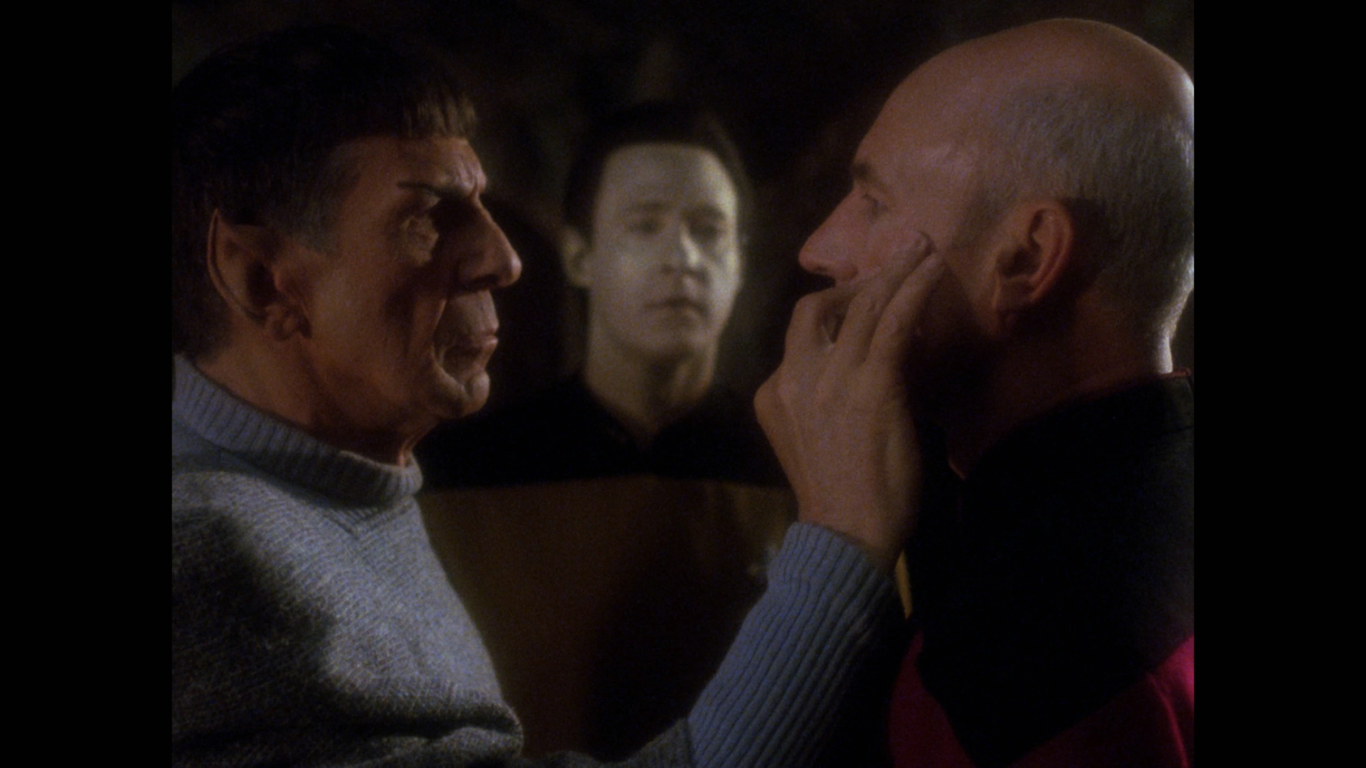 Leonard Nimoy, Brent Spiner, and Patrick Stewart in Star Trek: The Next Generation (1987)