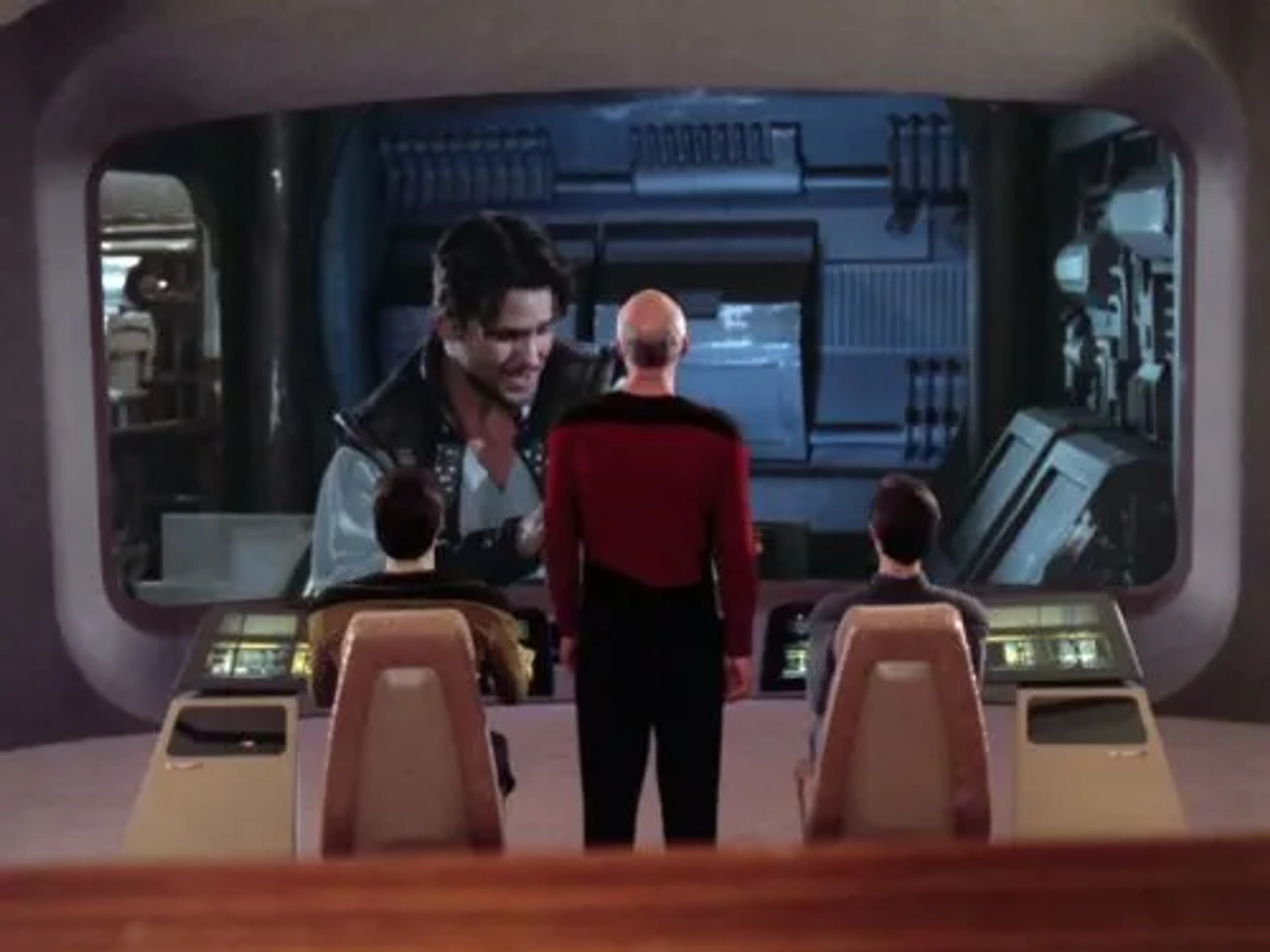 Brent Spiner, Wil Wheaton, Billy Campbell, and Patrick Stewart in Star Trek: The Next Generation (1987)