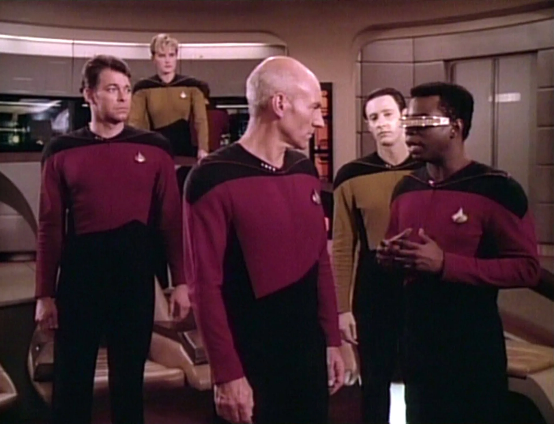 Denise Crosby, Jonathan Frakes, Brent Spiner, LeVar Burton, and Patrick Stewart in Star Trek: The Next Generation (1987)