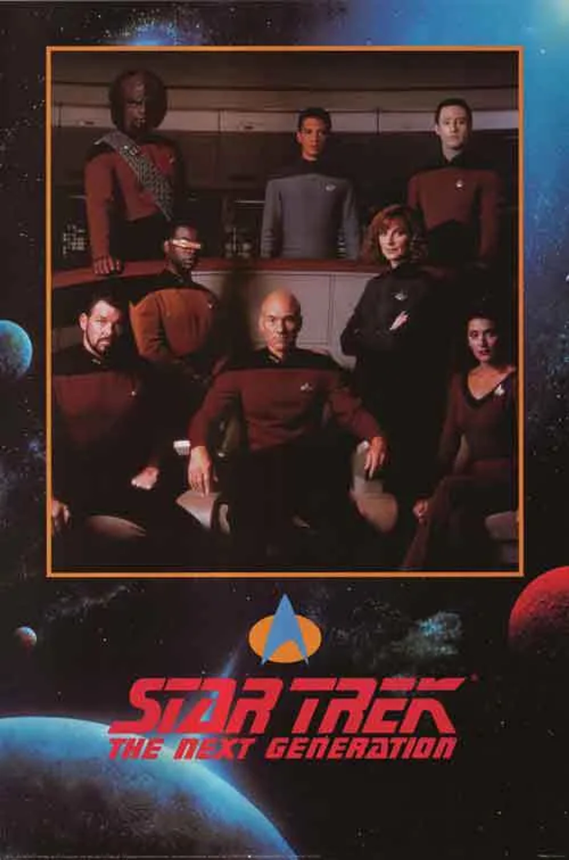 Michael Dorn, Jonathan Frakes, Gates McFadden, Marina Sirtis, Brent Spiner, Wil Wheaton, LeVar Burton, and Patrick Stewart in Star Trek: The Next Generation (1987)