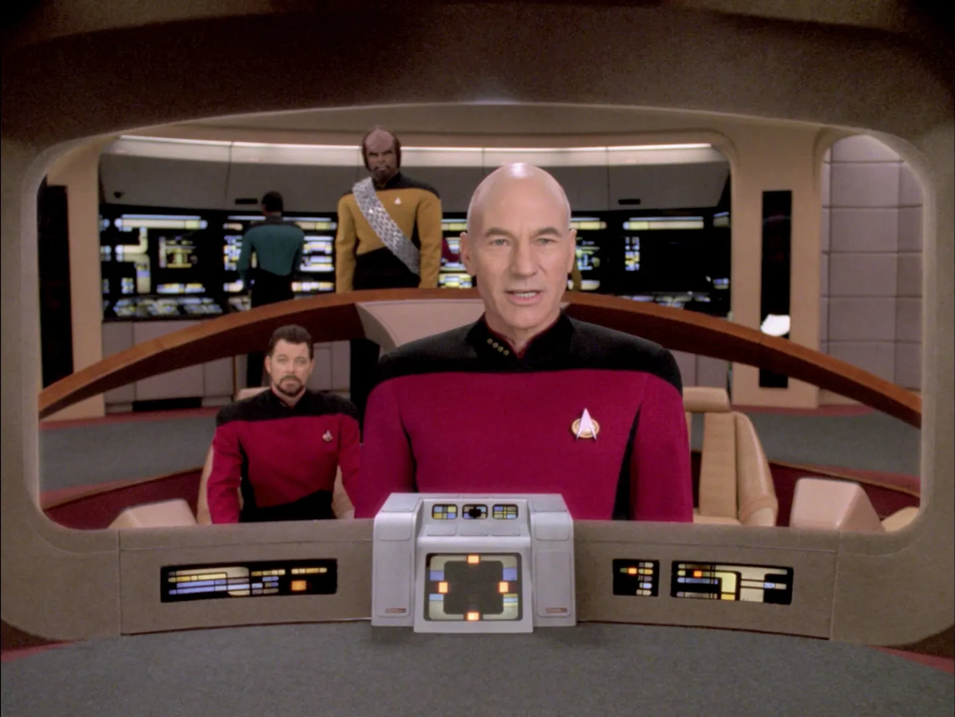 Michael Dorn, Jonathan Frakes, and Patrick Stewart in Star Trek: The Next Generation (1987)