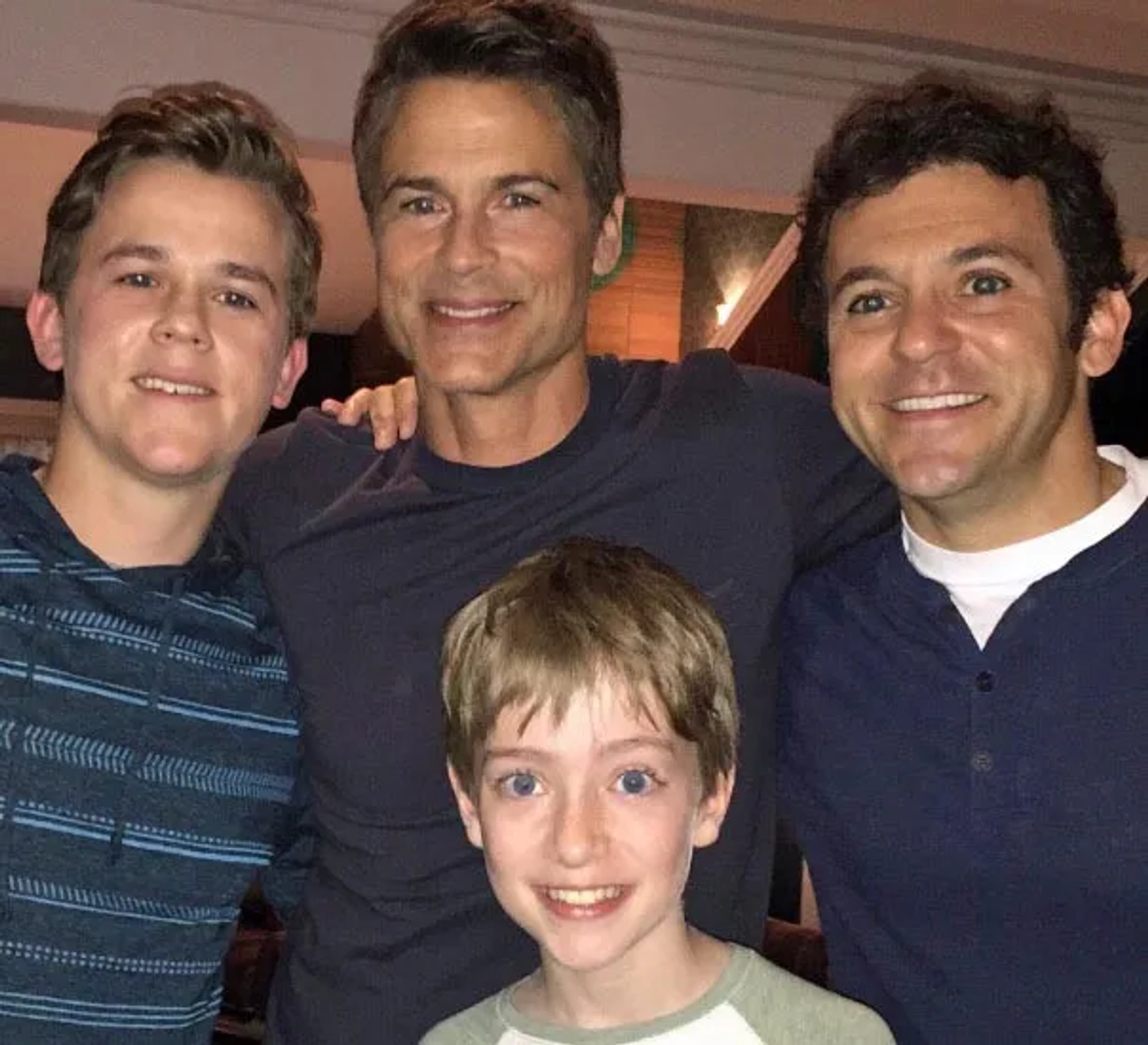 Connor Kalopsis with Fred Savage, Rob Lowe and John Owen Lowe on set at The Grinder