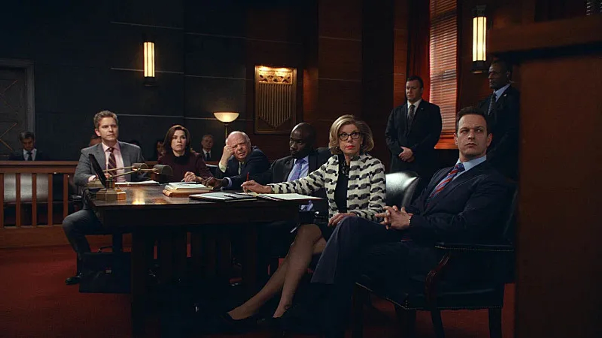 Julianna Margulies, Josh Charles, Wallace Shawn, Christine Baranski, Matt Czuchry, and Mike Colter in The Good Wife (2009)