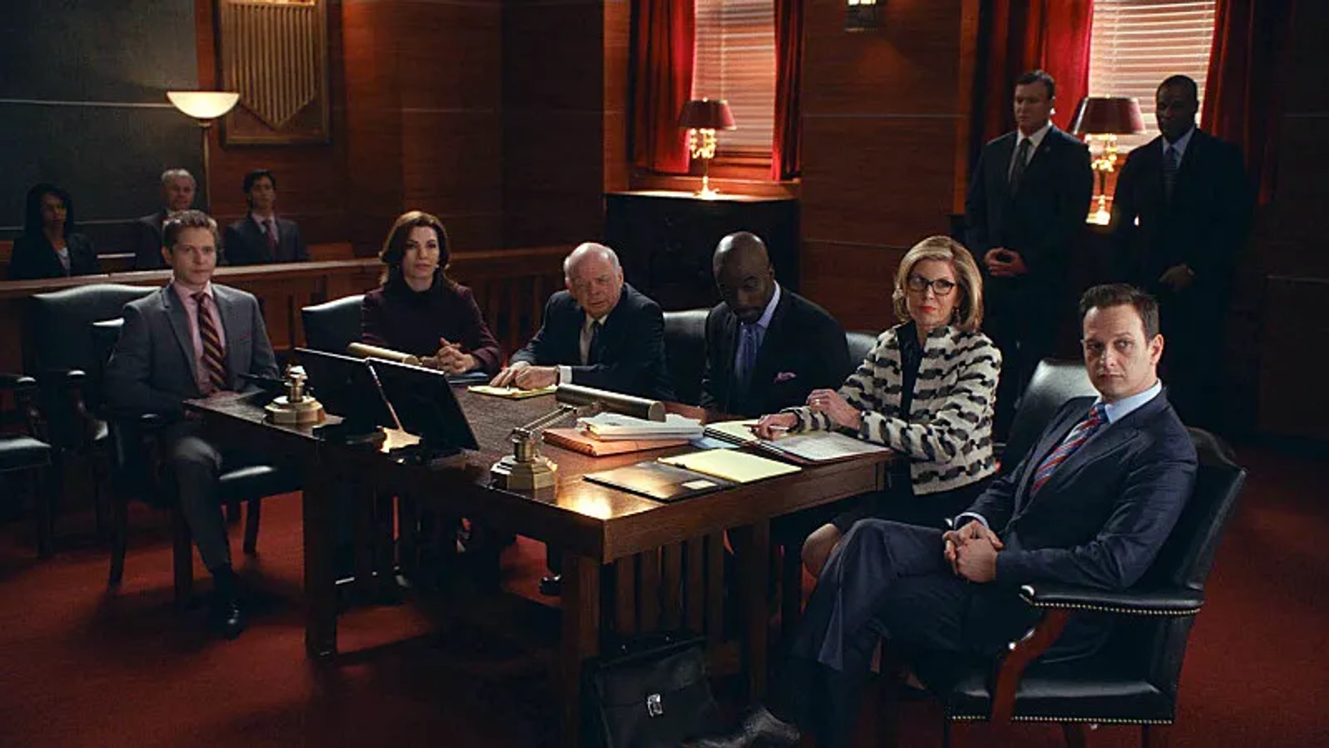 Julianna Margulies, Josh Charles, Wallace Shawn, Christine Baranski, Matt Czuchry, and Mike Colter in The Good Wife (2009)