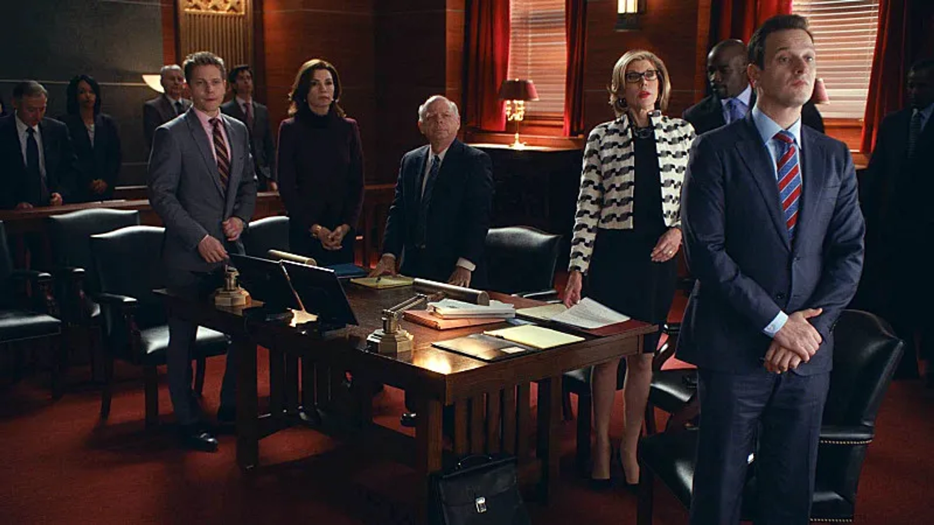 Julianna Margulies, Josh Charles, Wallace Shawn, Christine Baranski, Matt Czuchry, and Mike Colter in The Good Wife (2009)