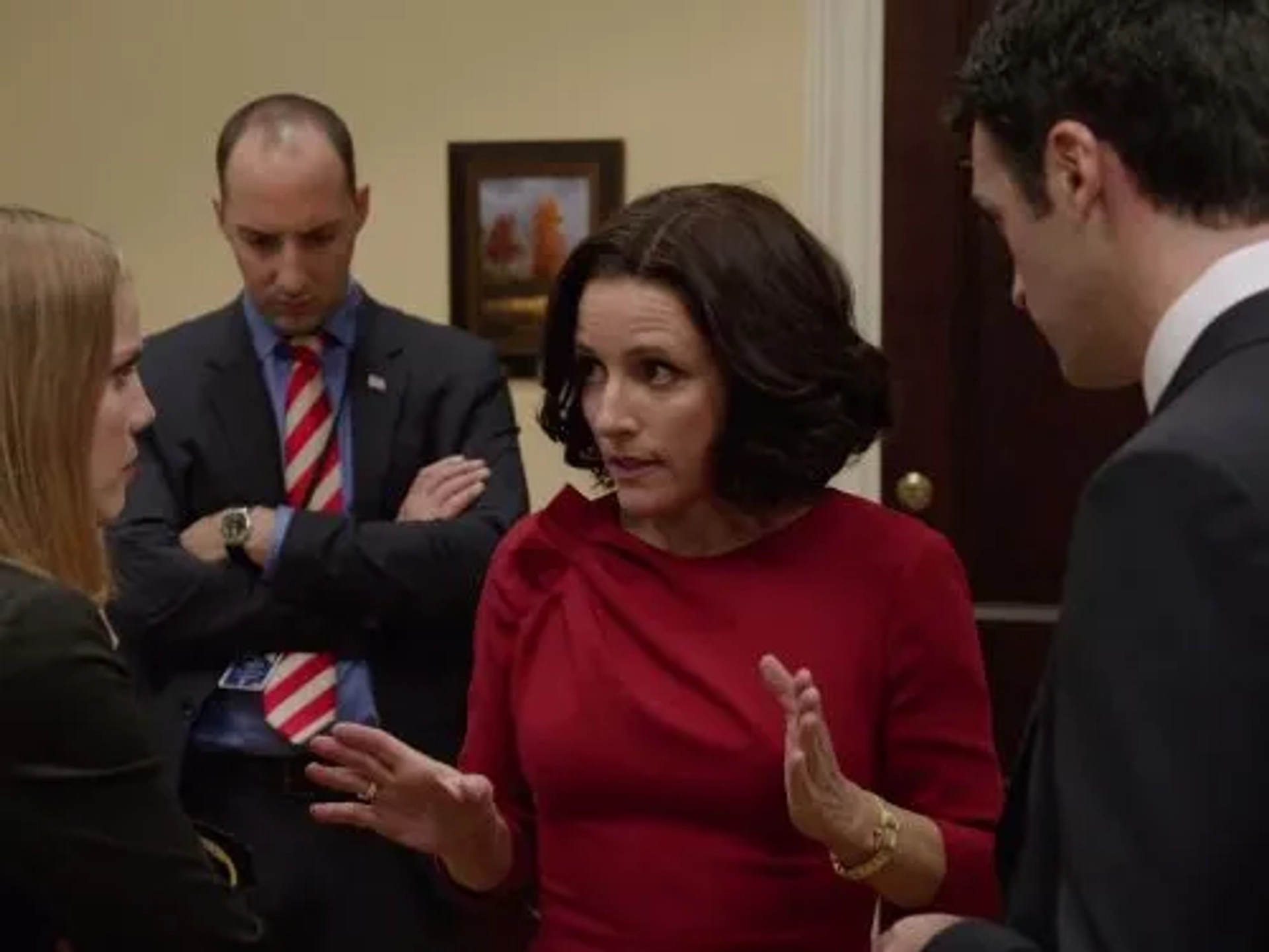 Julia Louis-Dreyfus, Anna Chlumsky, Tony Hale, and Reid Scott in Veep (2012)