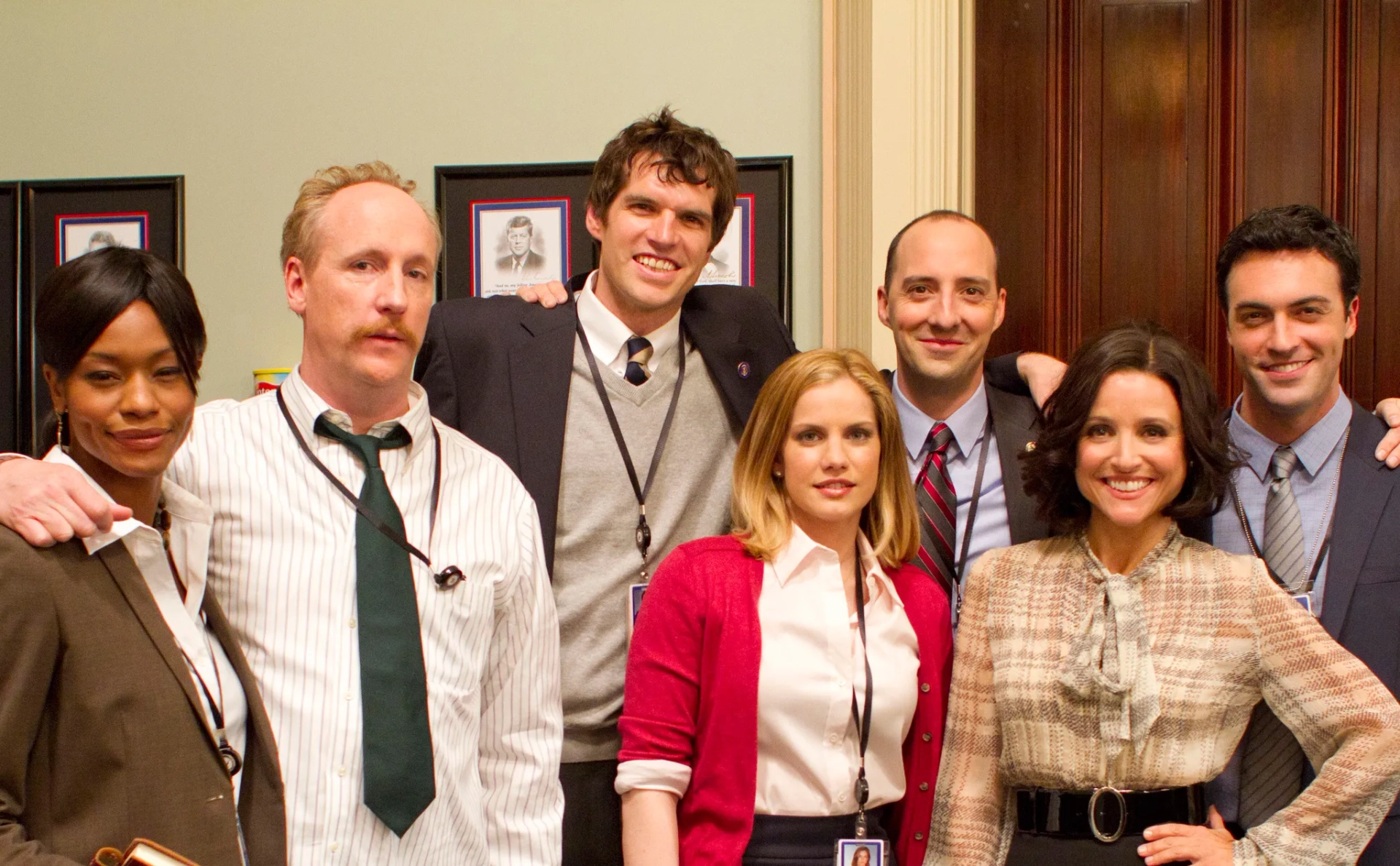 Julia Louis-Dreyfus, Anna Chlumsky, Tony Hale, Matt Walsh, Reid Scott, Sufe Bradshaw, and Timothy Simons in Veep (2012)