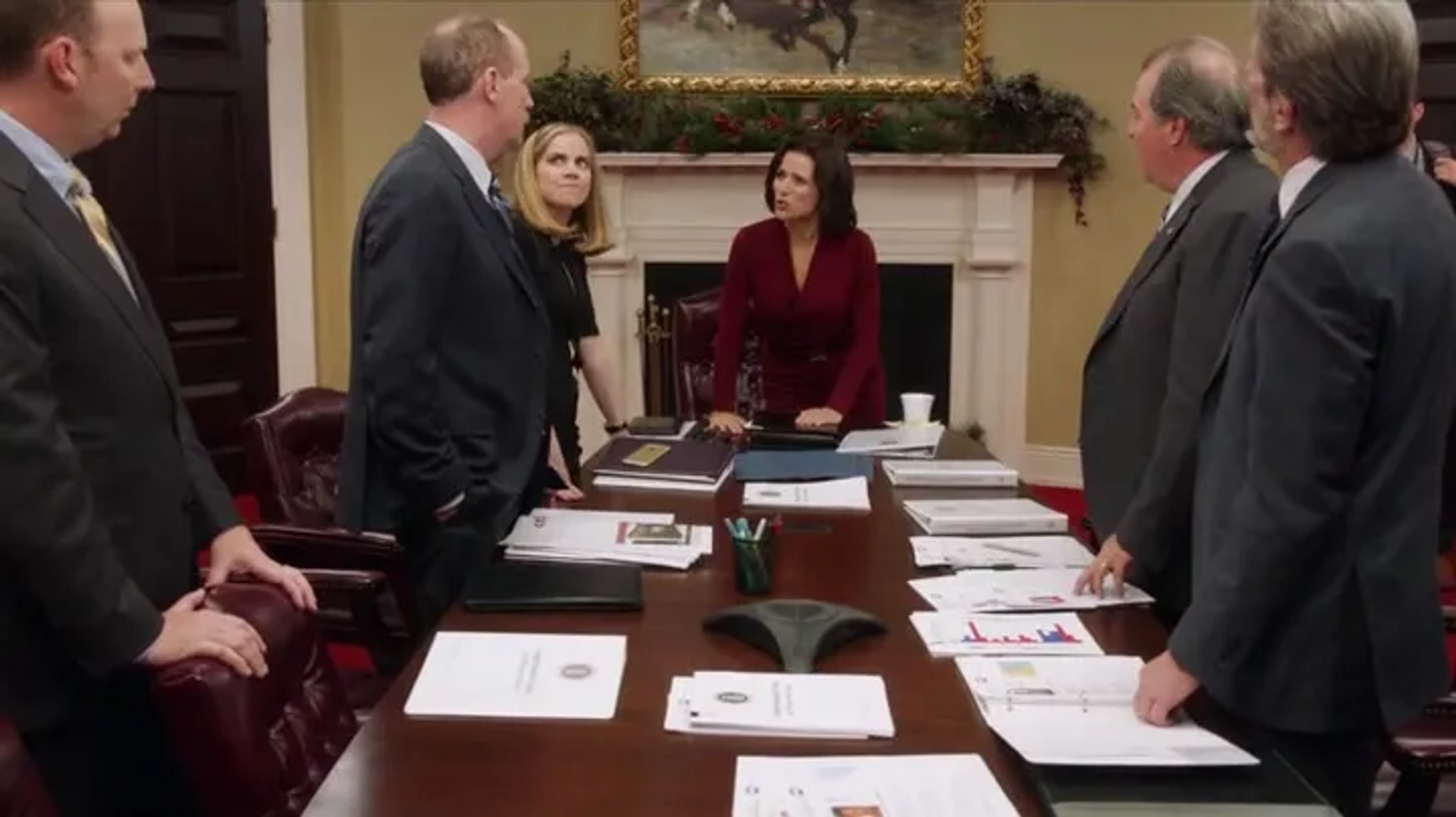 Julia Louis-Dreyfus, Anna Chlumsky, Gary Cole, Kevin Dunn, and Matt Walsh in Veep (2012)