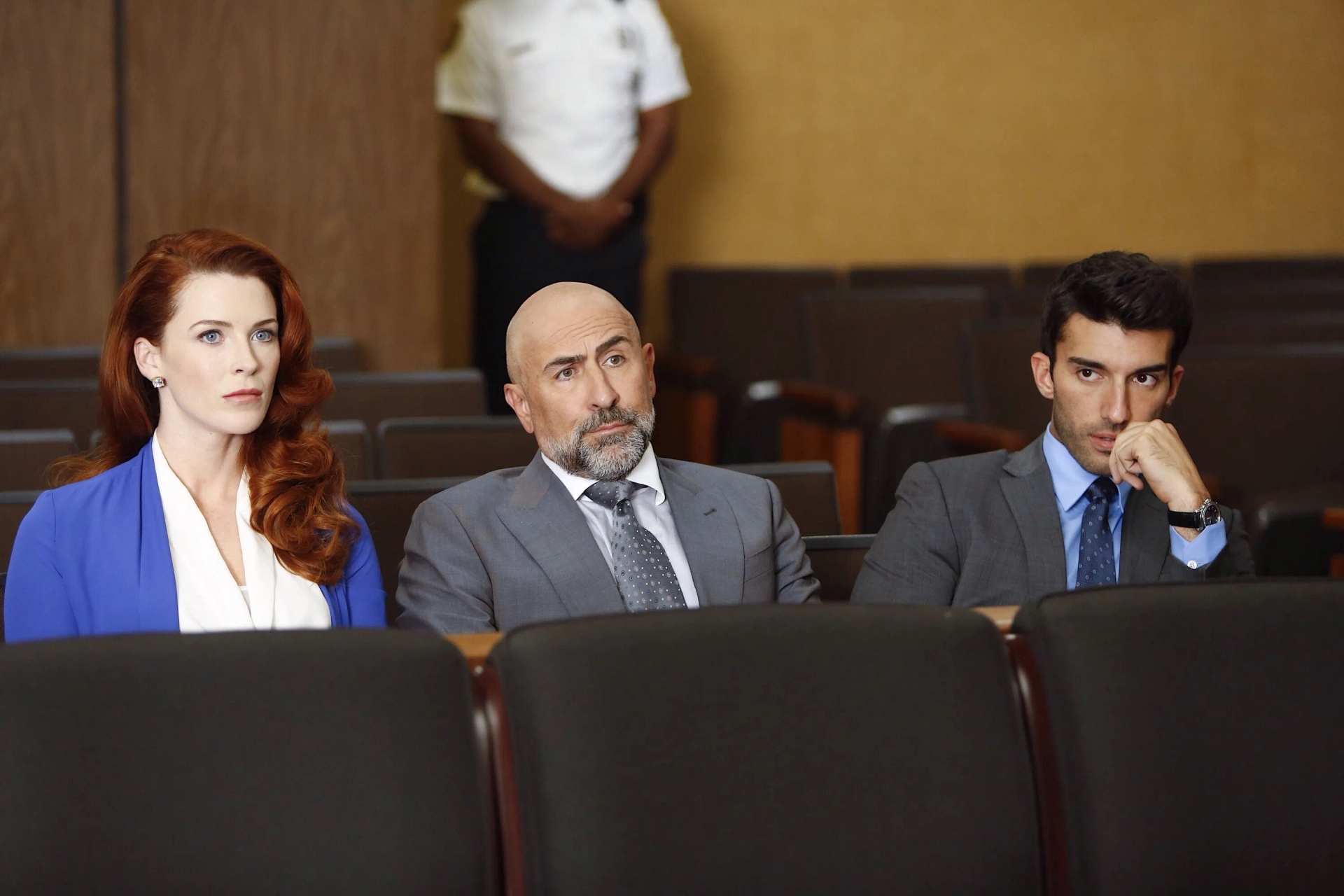 Bridget Regan, Carlo Rota and Justin Baldoni in Jane the Virgin