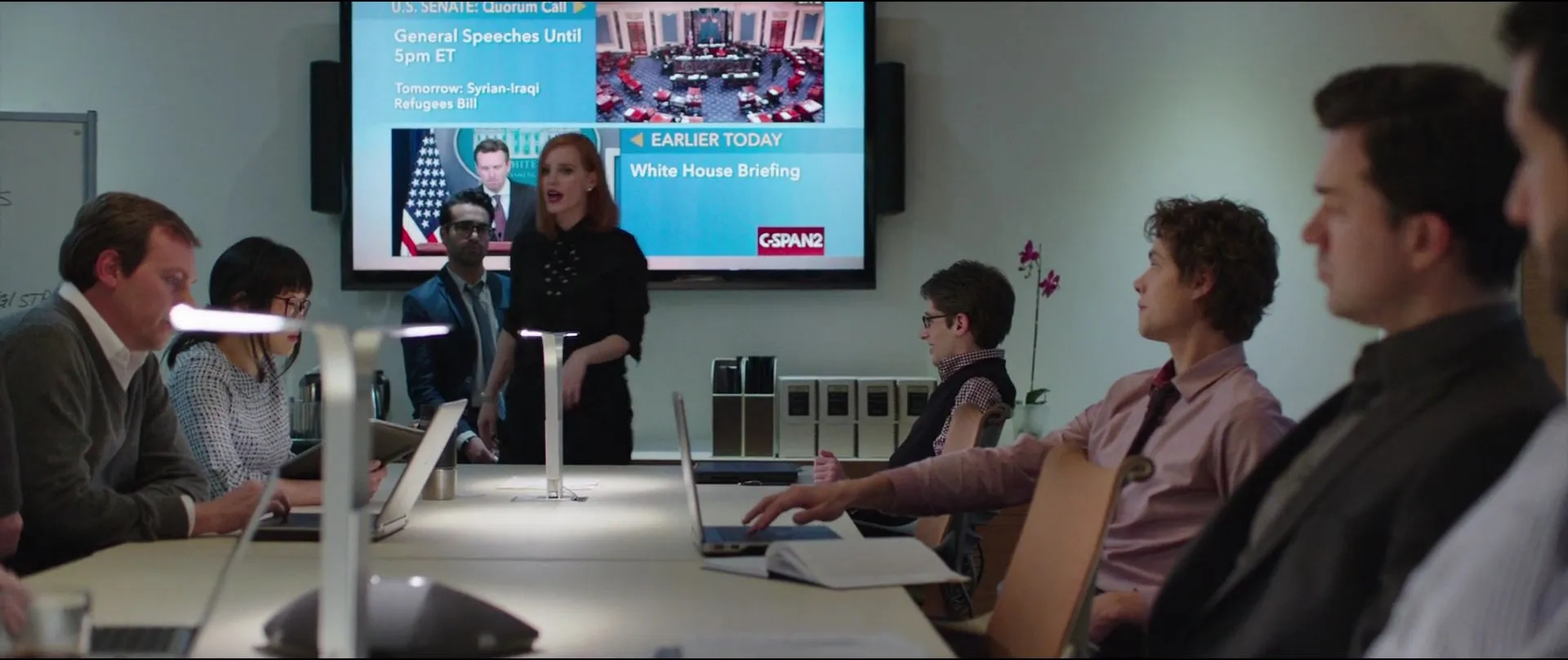 Grace Lynn Kung, Al Mukadam, Michael Stuhlbarg, Jessica Chastain, and Noah Robbins in Miss Sloane (2016)