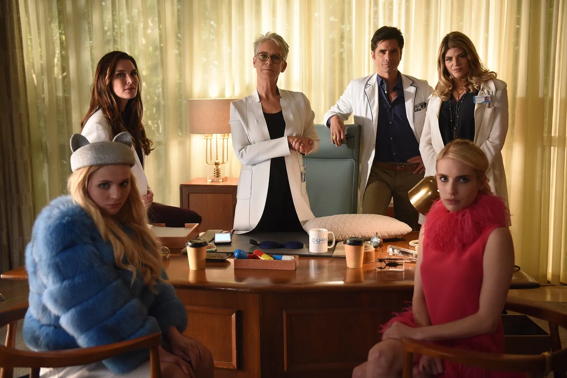 Jamie Lee Curtis, Brooke Shields, Kirstie Alley, John Stamos, Emma Roberts, and Abigail Breslin in Scream Queens (2015)