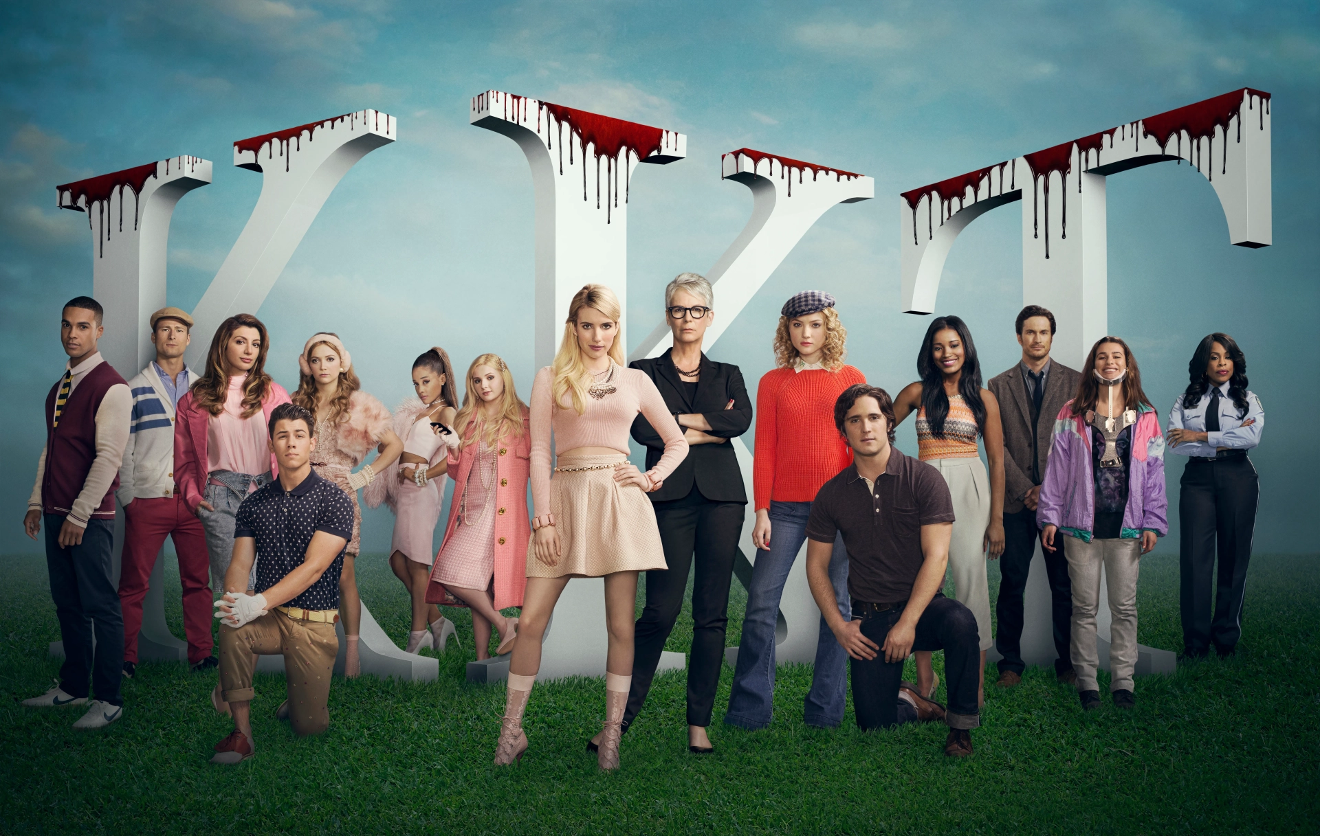 Jamie Lee Curtis, Oliver Hudson, Lea Michele, Niecy Nash, Emma Roberts, Abigail Breslin, Skyler Samuels, Glen Powell, Diego Boneta, Keke Palmer, Lucien Laviscount, Nasim Pedrad, Nick Jonas, Ariana Grande, and Billie Lourd in Scream Queens (2015)