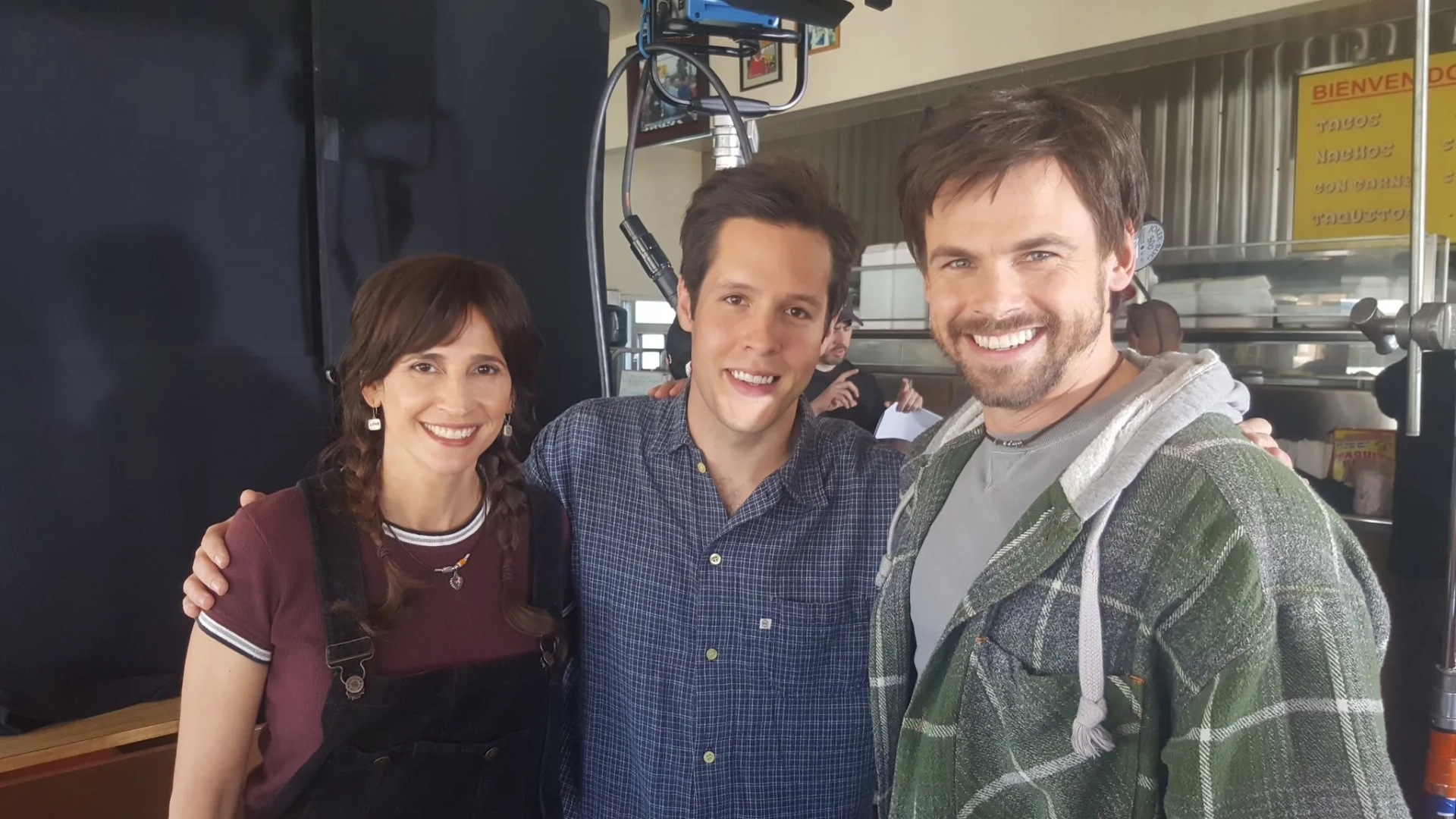 Michaela Watkins, Chris Zash, and Tommy Dewey on the set of Casual